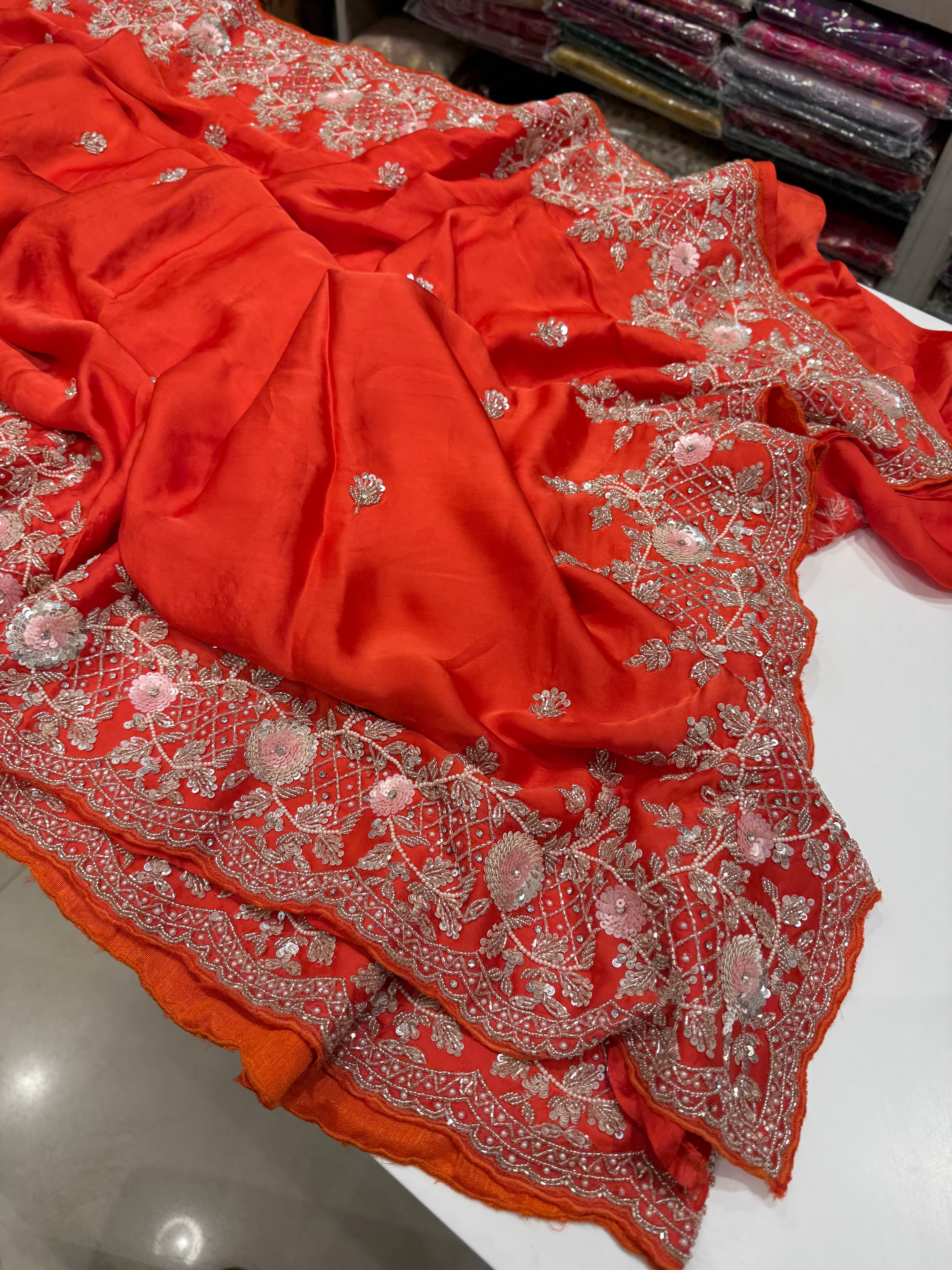 Orange Satin Sequin Moti Border Hand Embroidery Saree