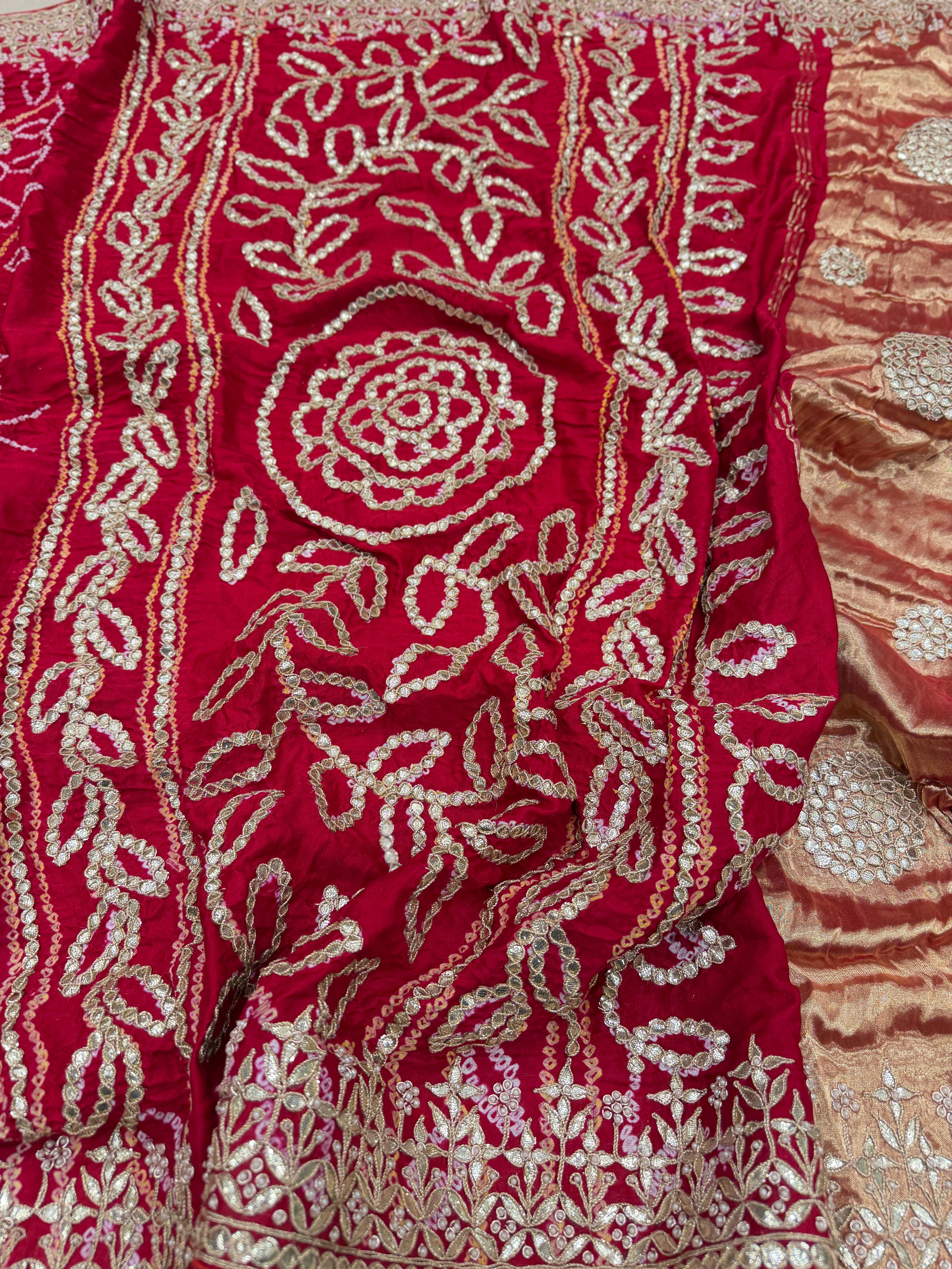 Red Gajji Silk Bandhej Hand Embroidery Gotapatti Marodi Saree