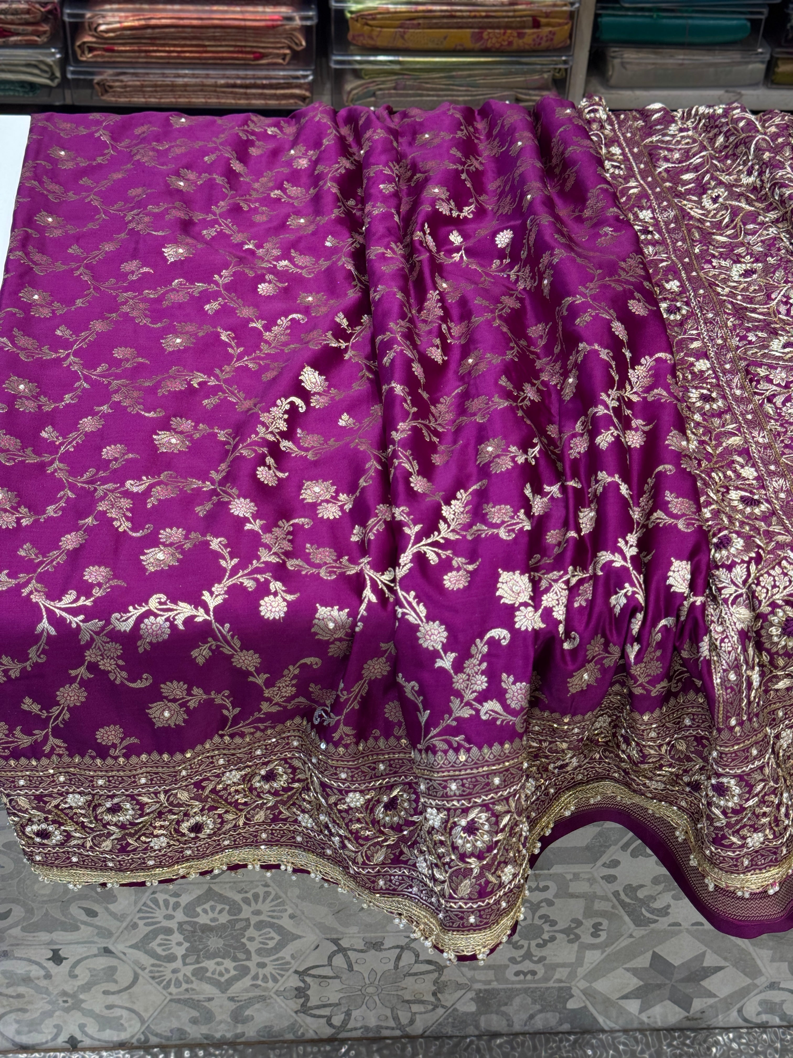 Wine Banarasi Upside Down Hand Embroidery Zardosi Resham Saree