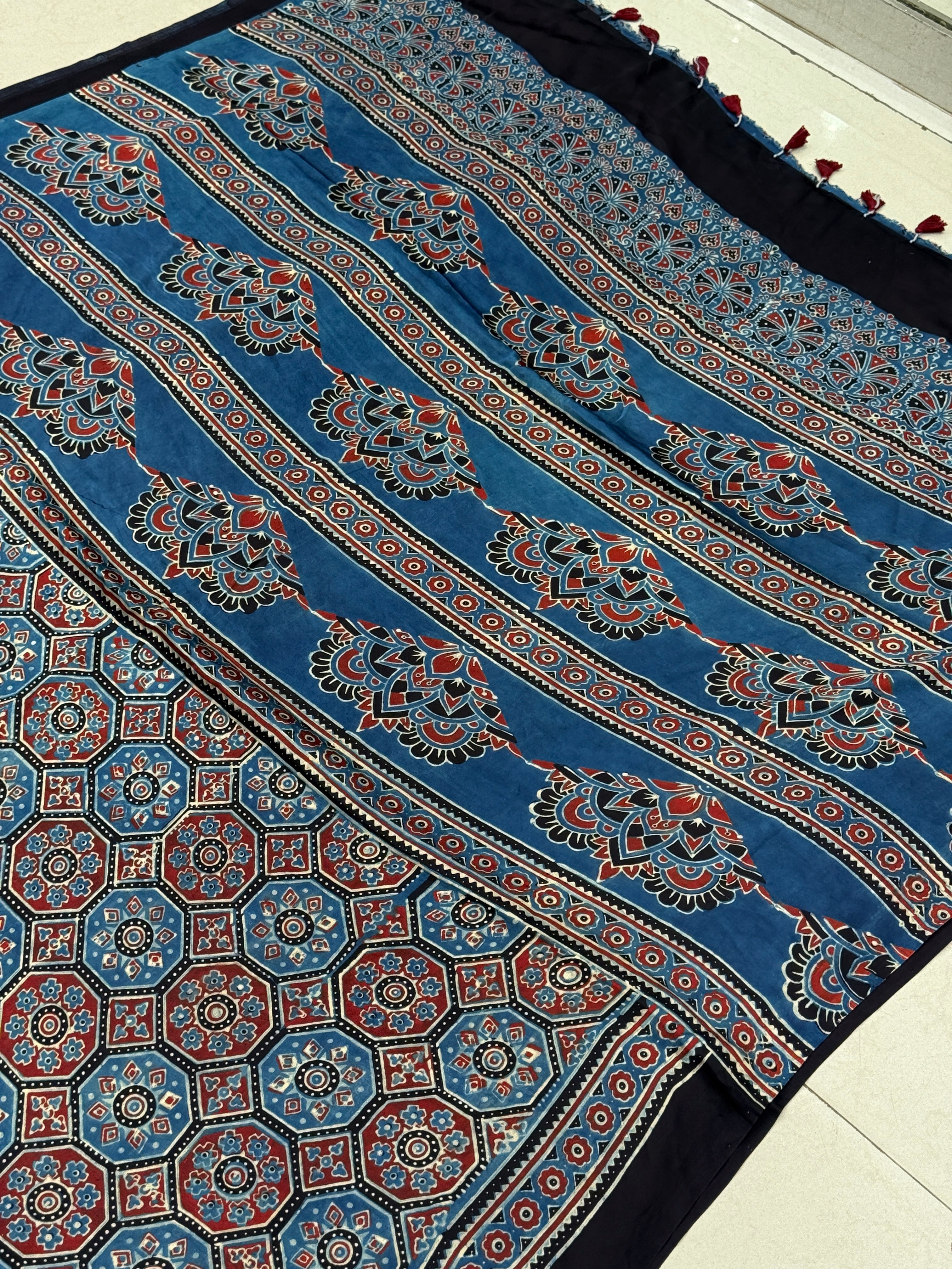 Blue Checkered Jewelled Jaal Ajrakh Saree