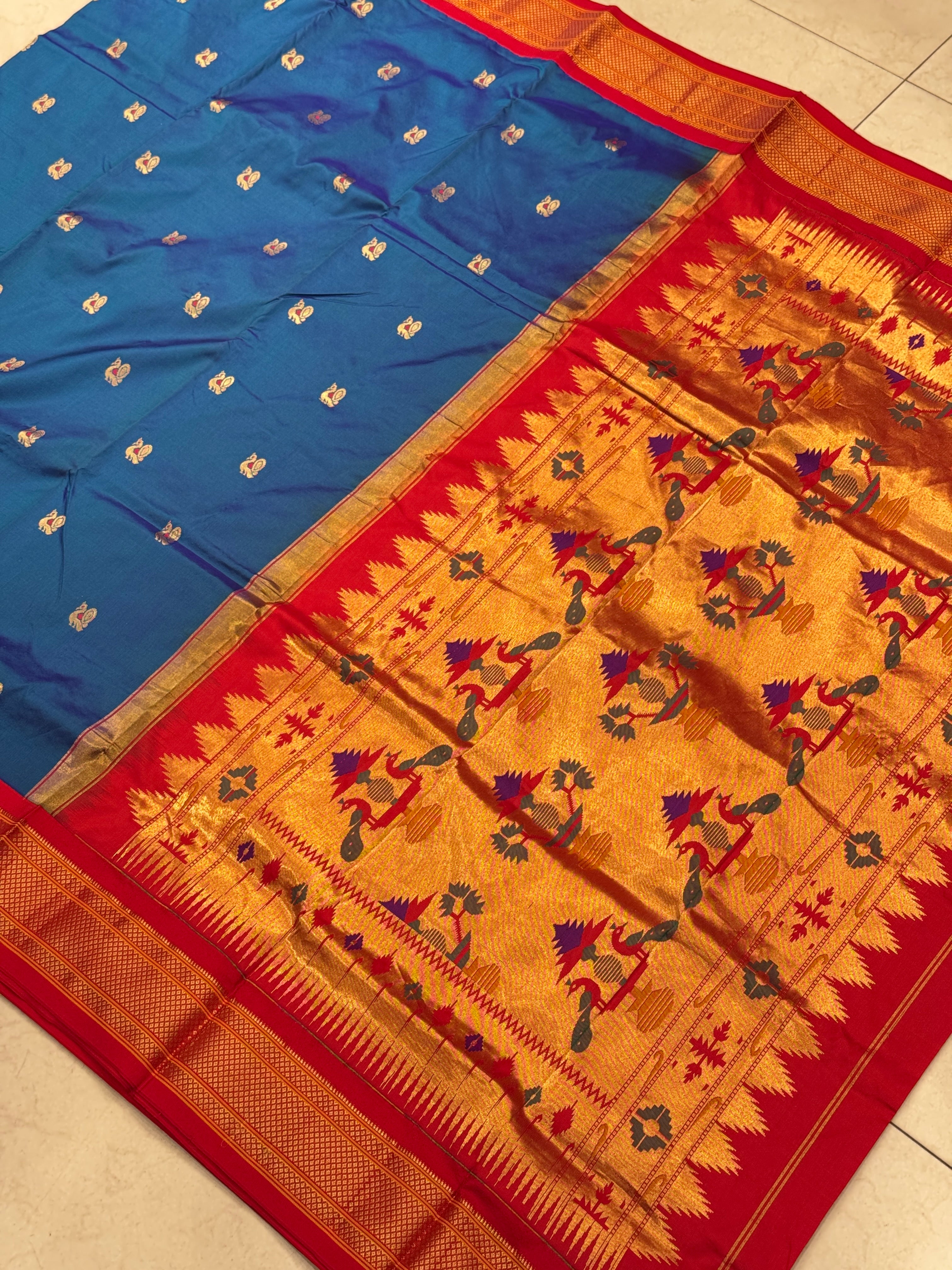 Blue Red Morbangdi Paithani Saree