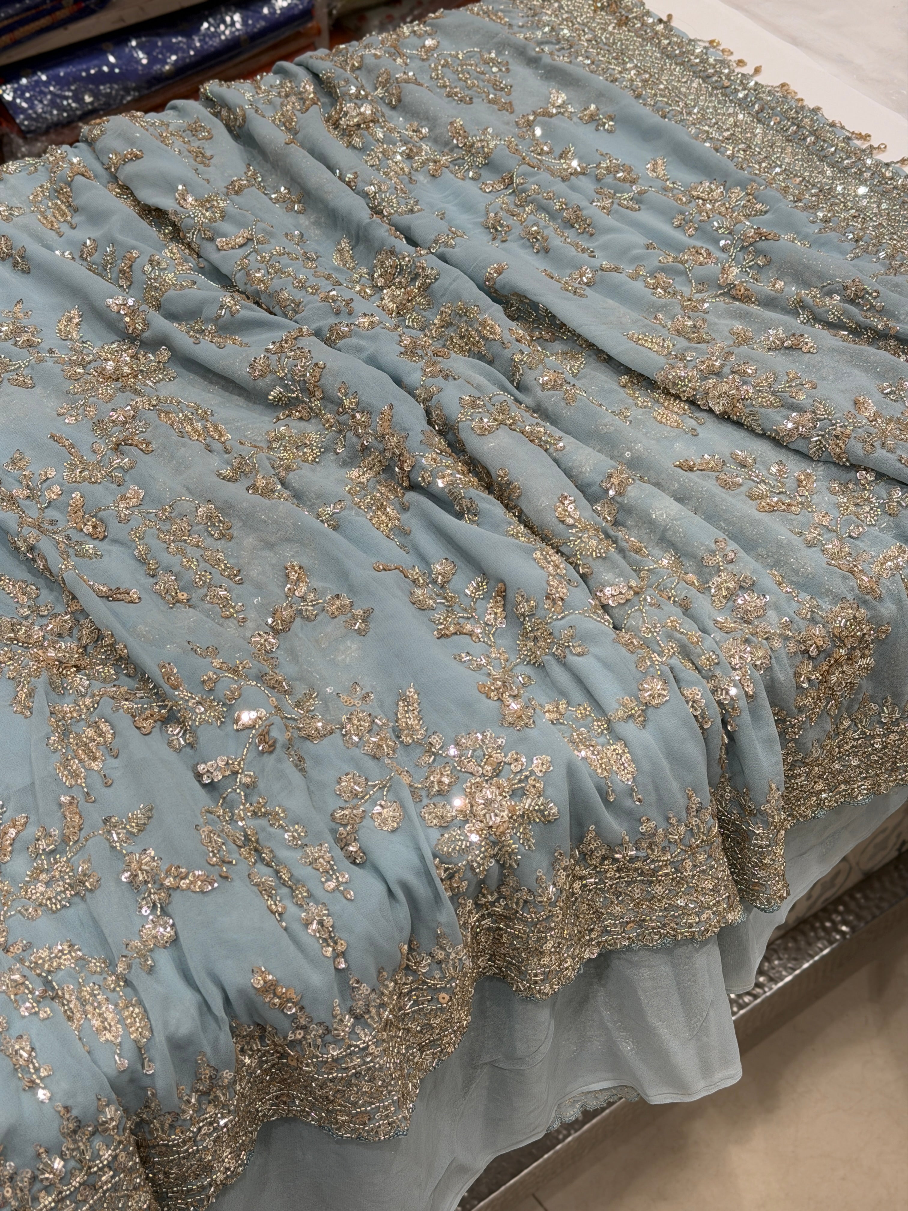 Powder Blue Manish Malhotra Inspired Georgette Moti Sequin Jaal Saree