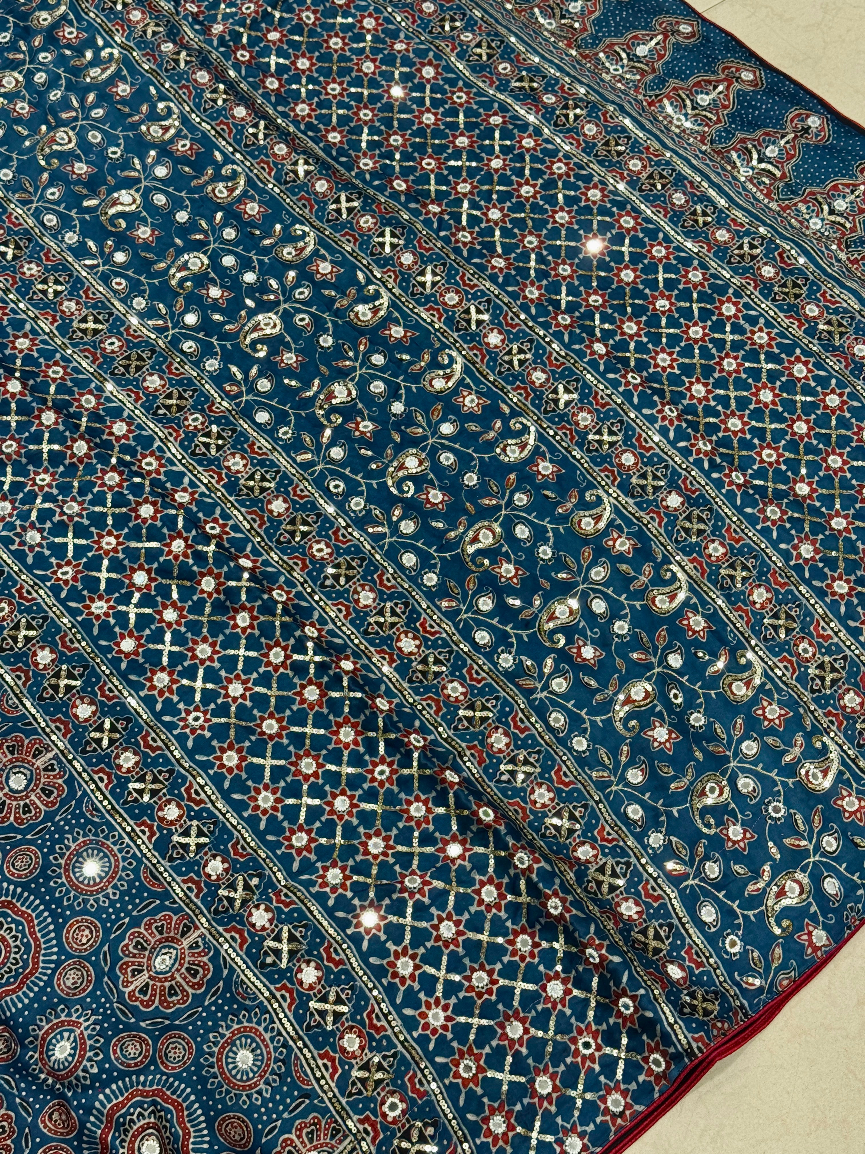 Blue Badam Butta Ajrakh Sequin Mirror Moti Hand Embroidery Saree