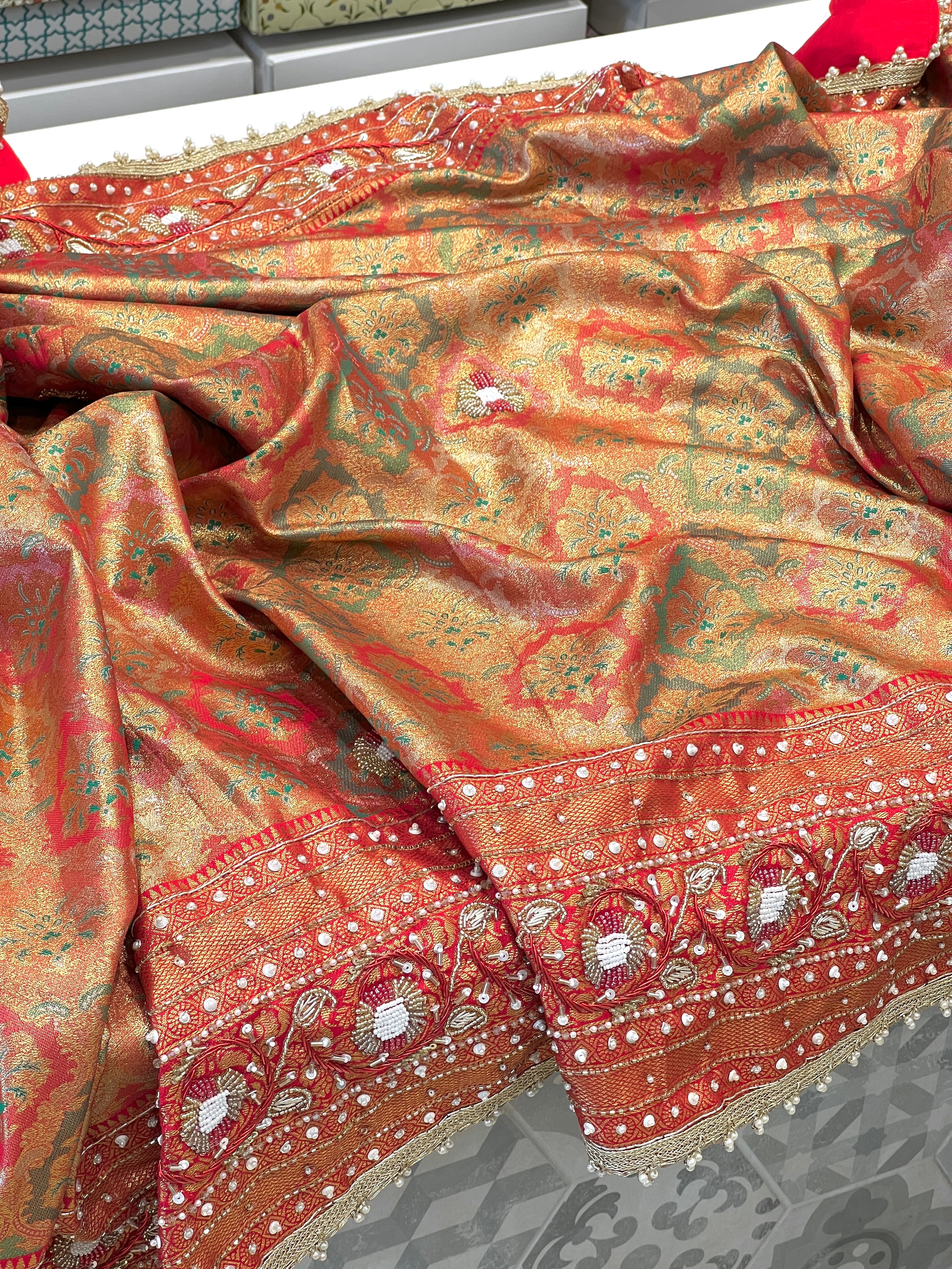 Reddish Golden Kanjivaram Hand Embroidery Saree