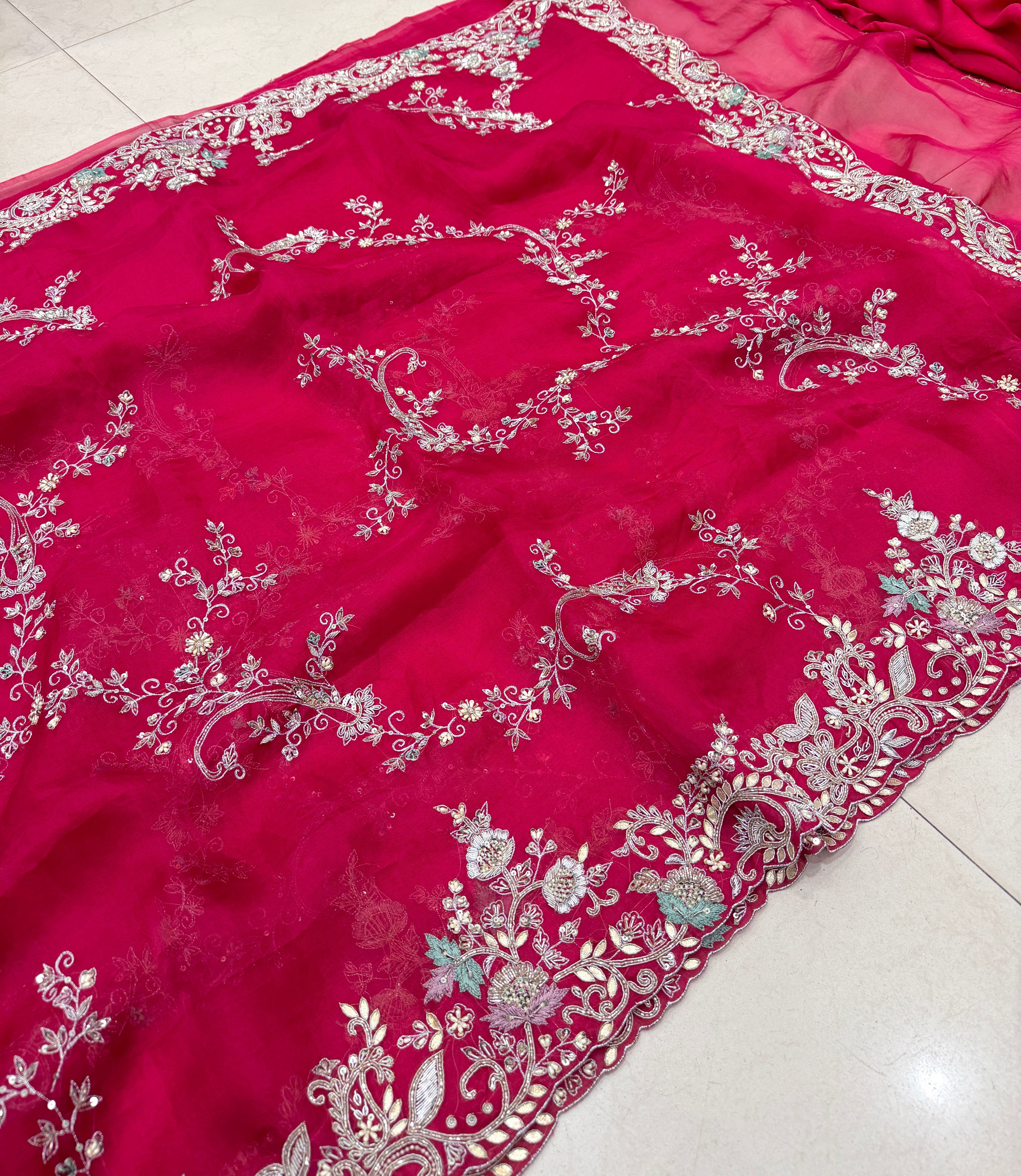 Rani Pink Organza Open Border Zardosi Hand Embroidery Saree