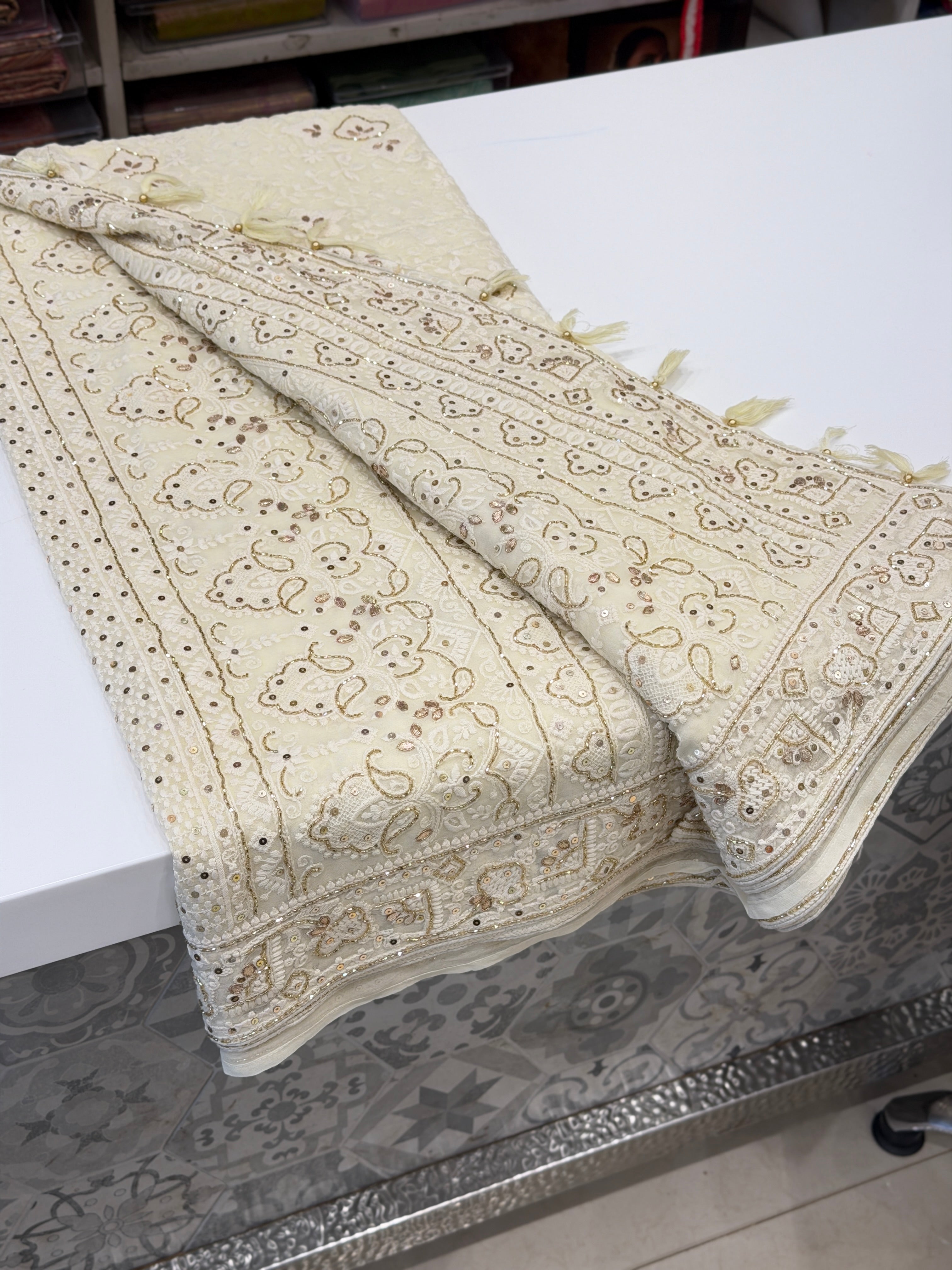 Moti White Chikankari Georgette Cutdana Embroidery Saree