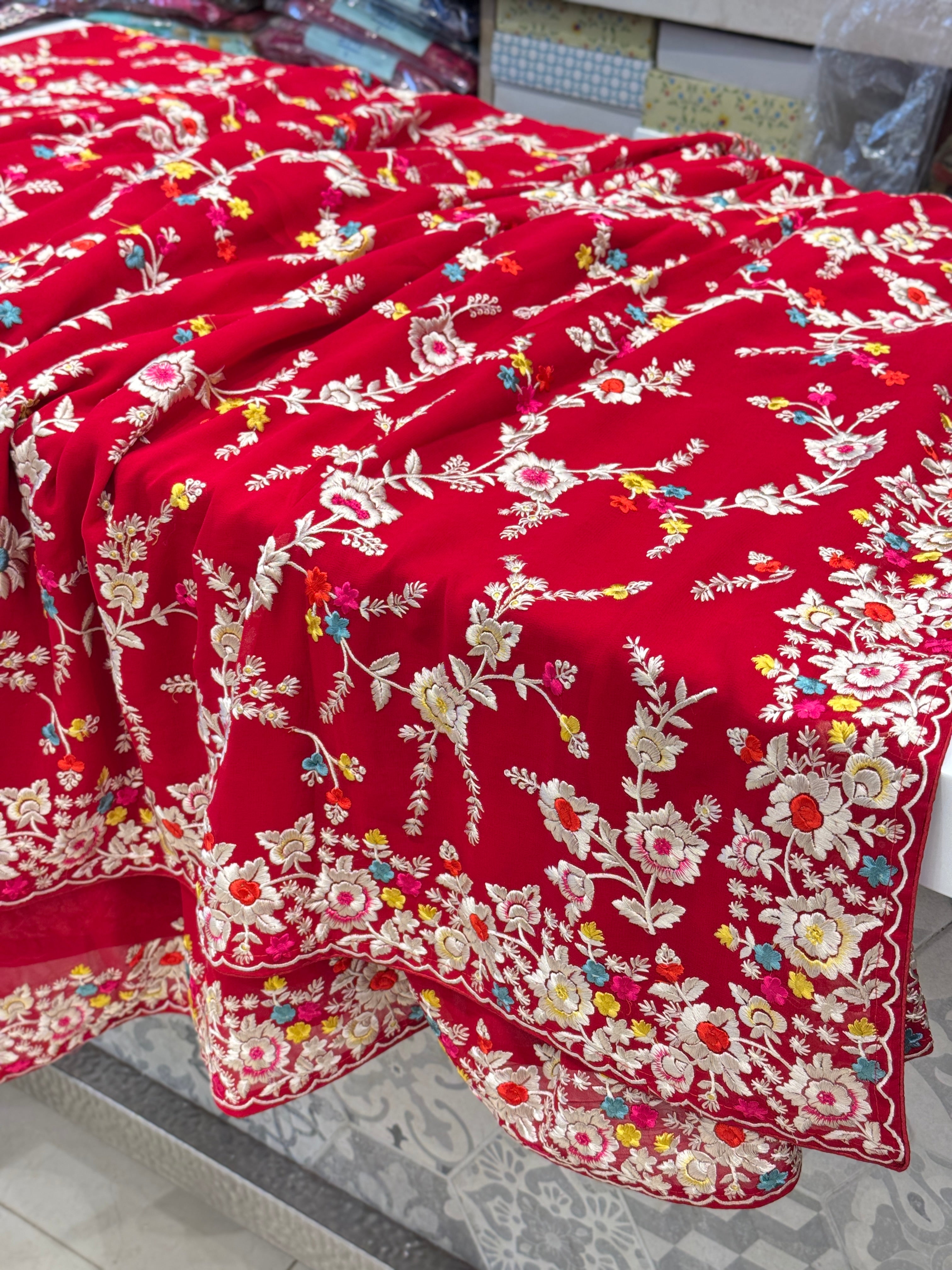 Red Georgette Floral Multi Colour Parsi Gara Saree