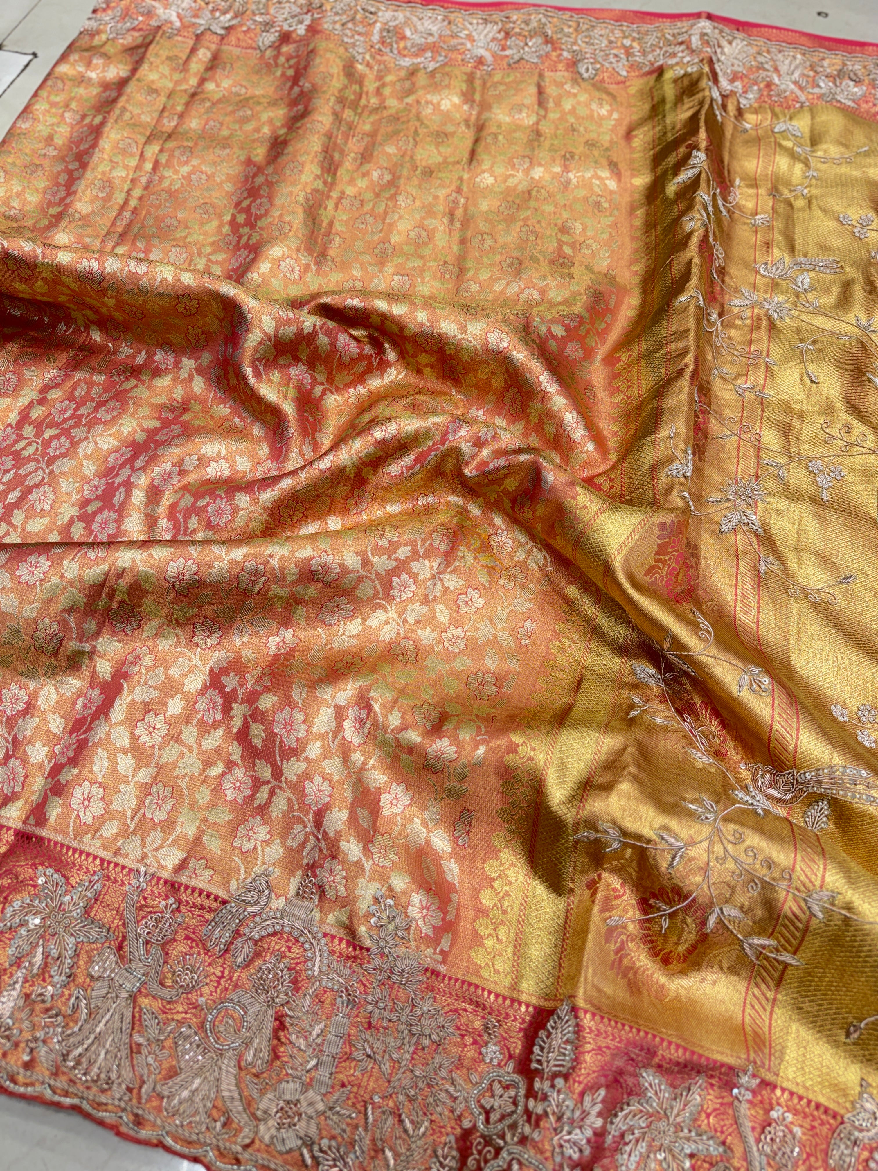 Rose Tissue Kanjivaram Zardosi Hand Embroidery Doli Edit Saree