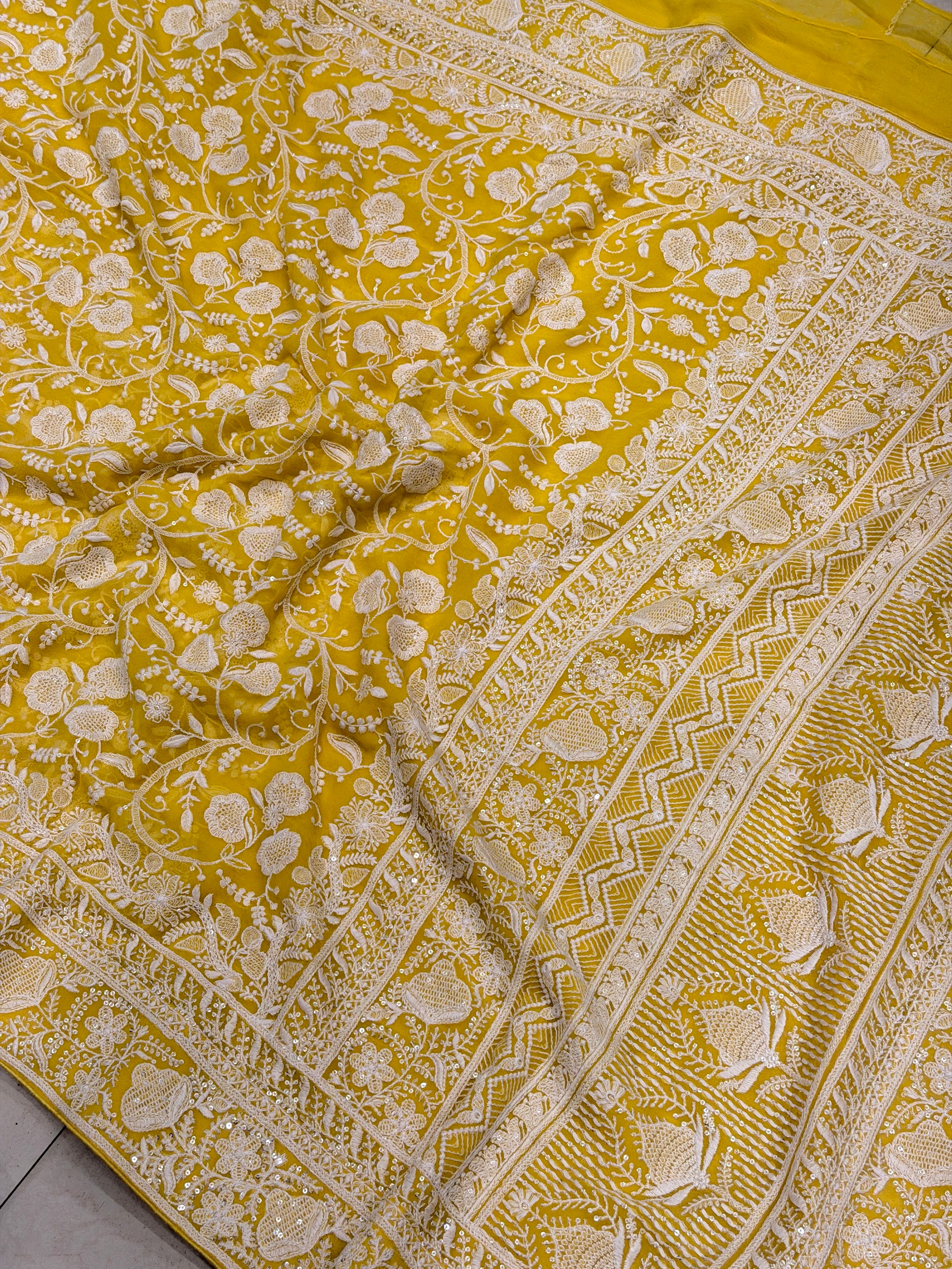 Yellow Georgette Chikankari Resham Saree