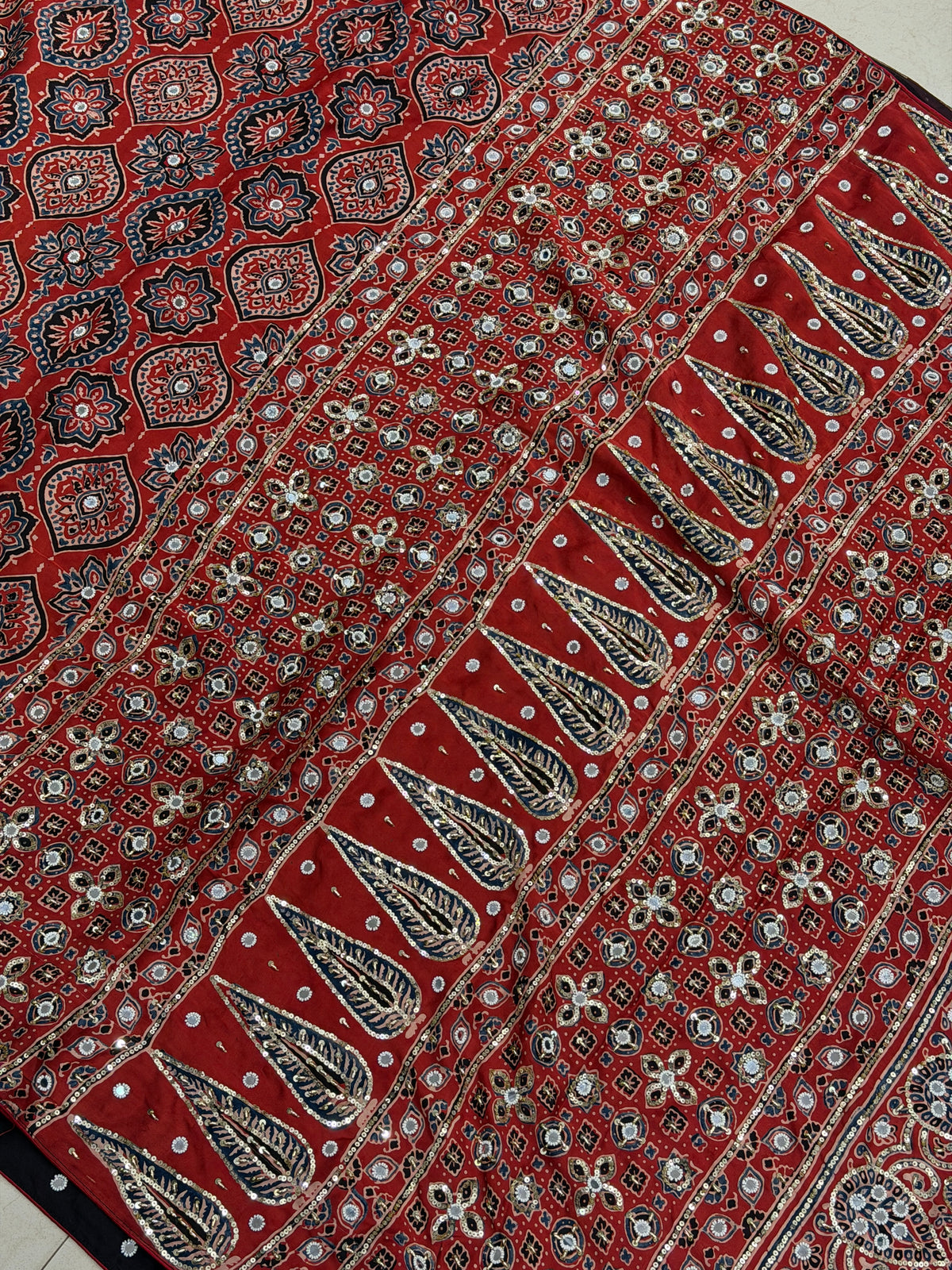 Red Badam Jaal Ajrakh Real Mirror Moti Sequin Hand Embroidery Saree