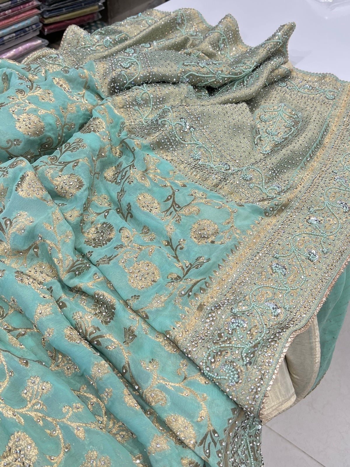 Sea Green Georgette Hand Embroidery Saree