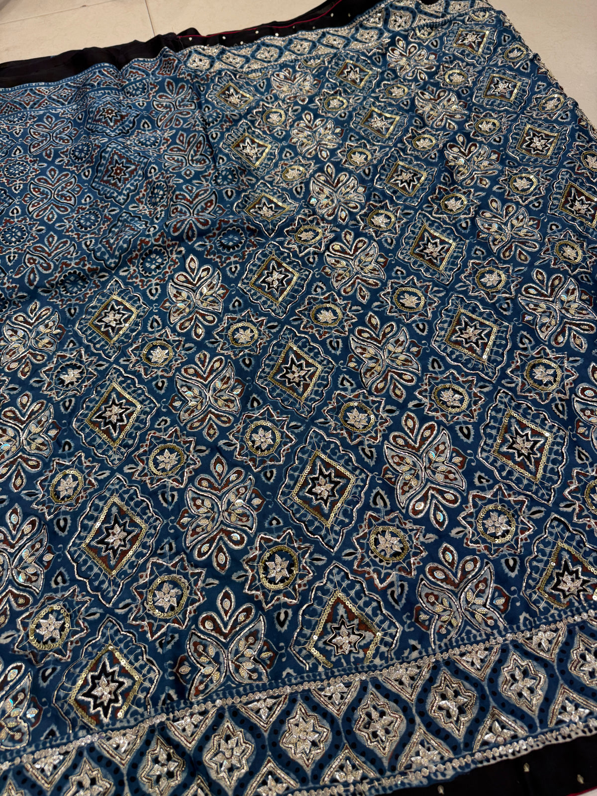 Blue Floral Jaal Pita Zardosi Sequin Ajrakh Hand Embroidery Saree