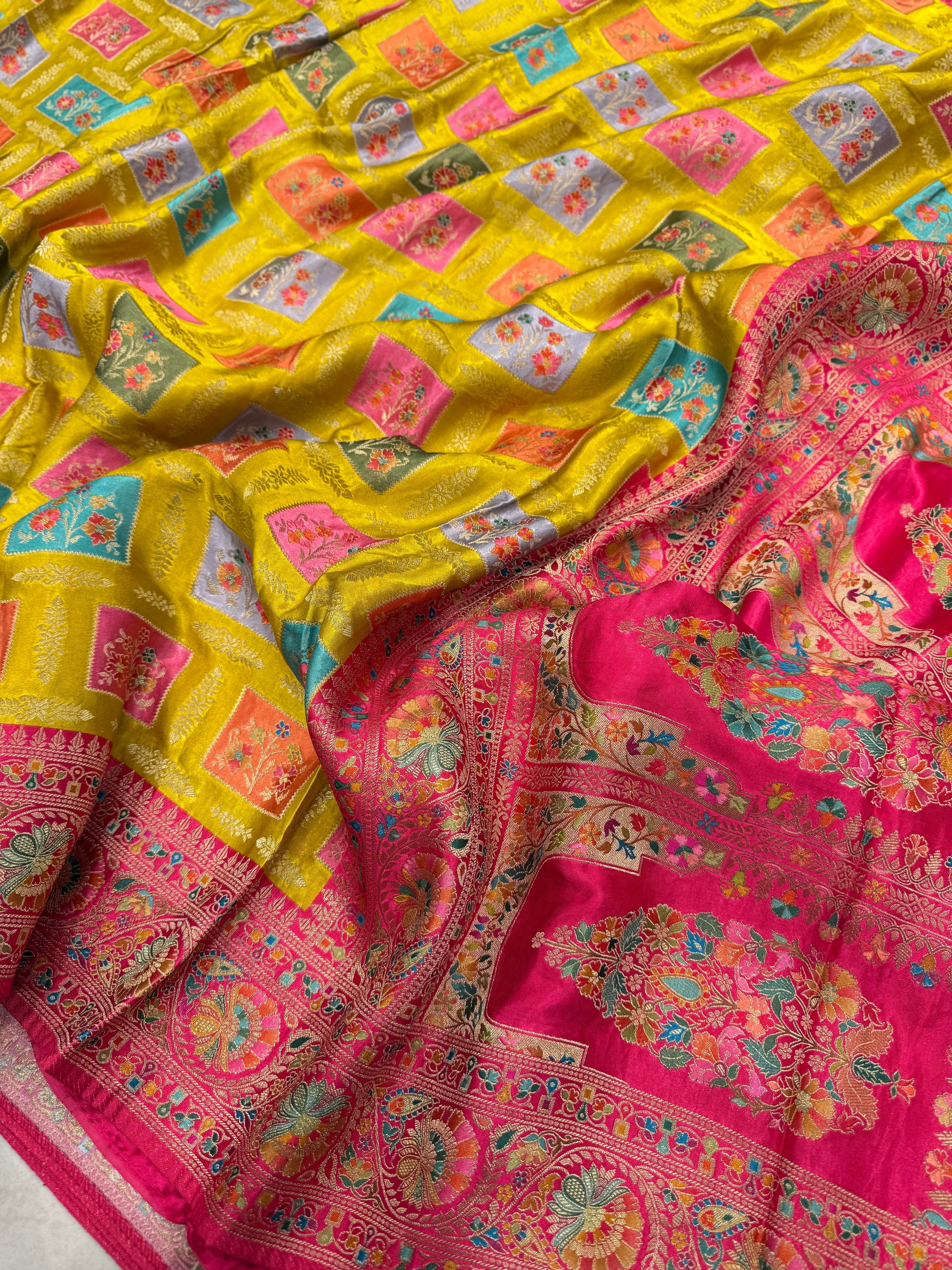 Yellow Box Check Banarasi Modal Satin Rangkat Saree