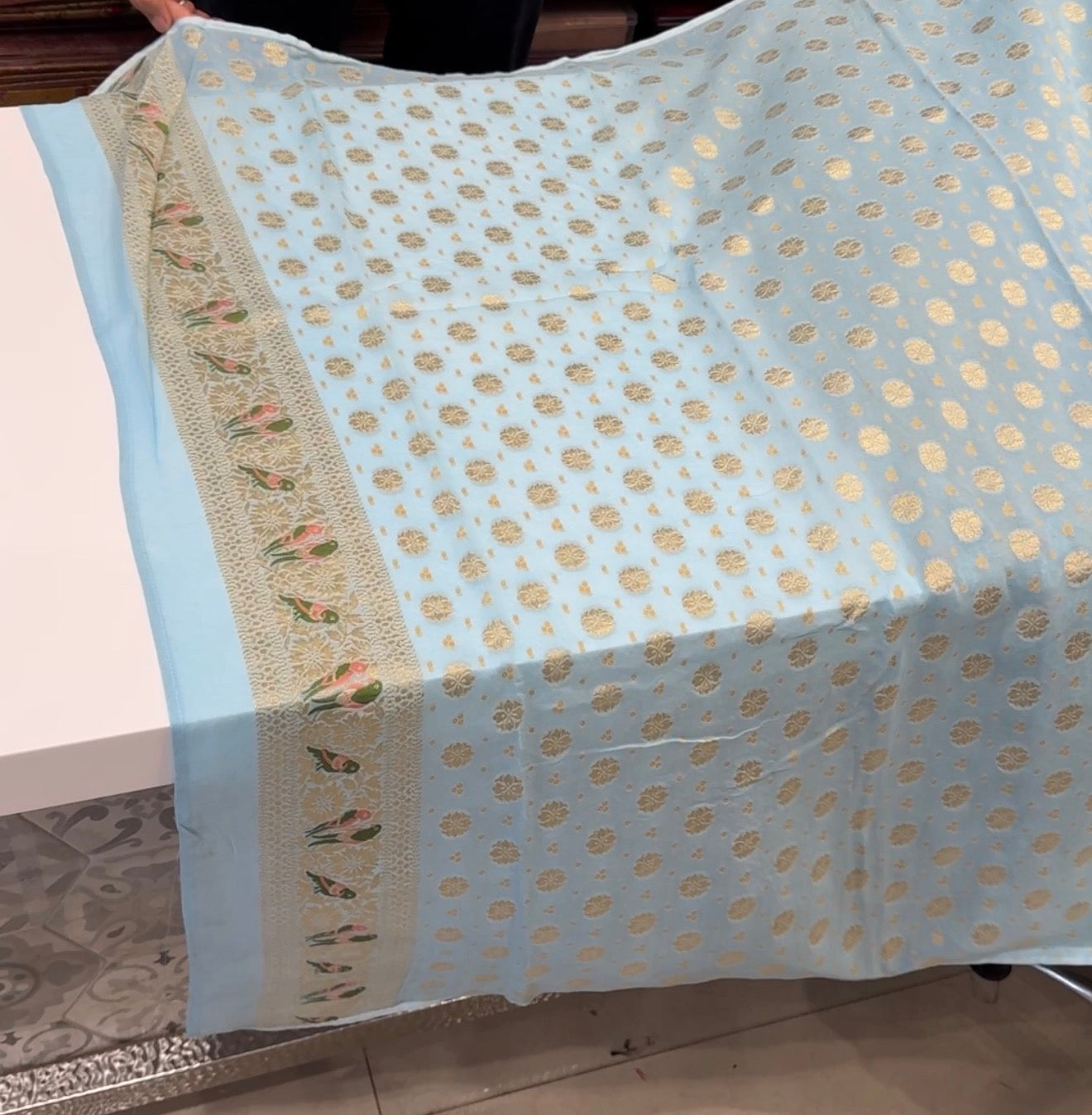 Light Blue Woven Bandhej Meenakari Parrot Motif Saree
