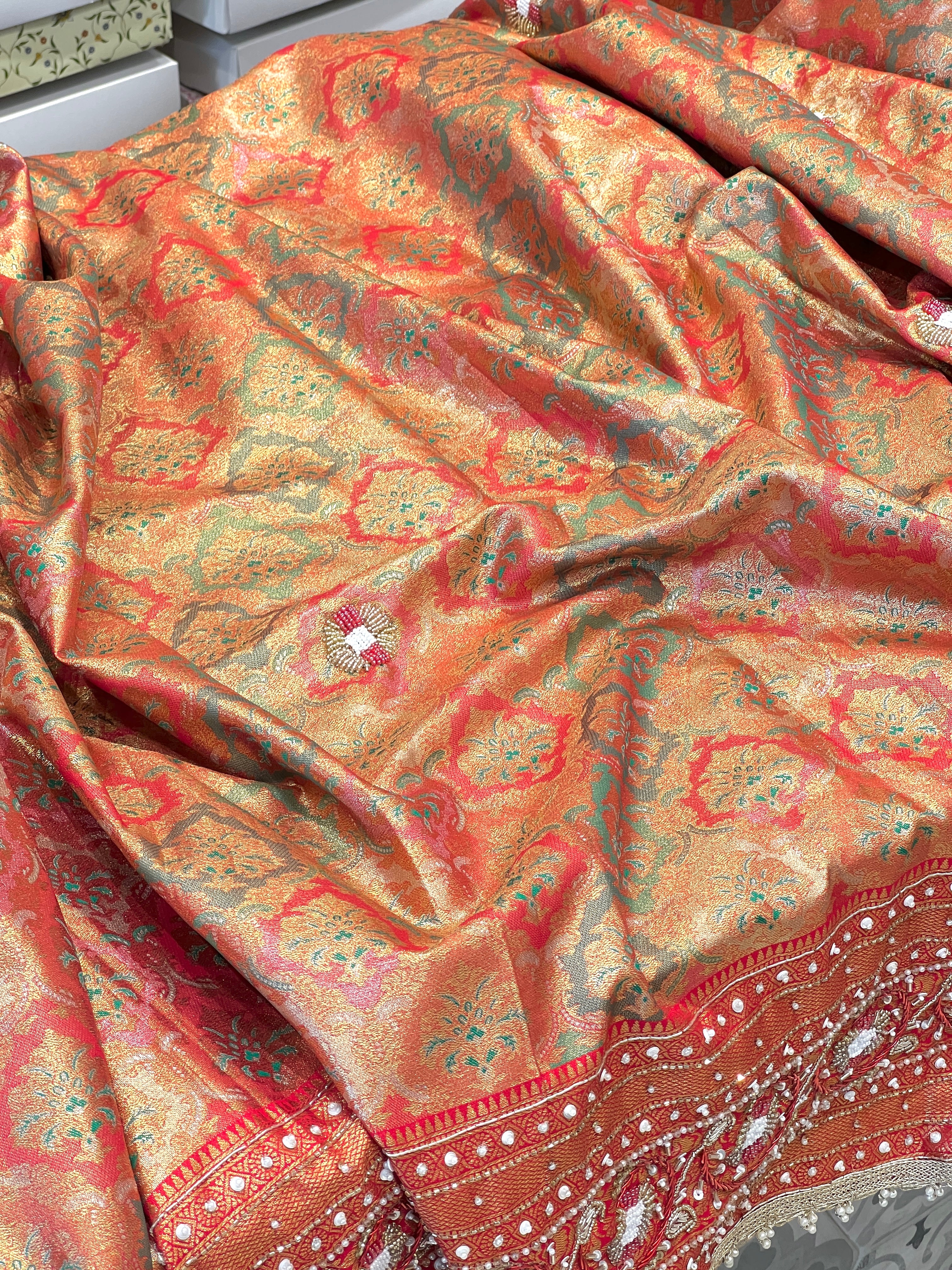 Reddish Golden Kanjivaram Hand Embroidery Saree