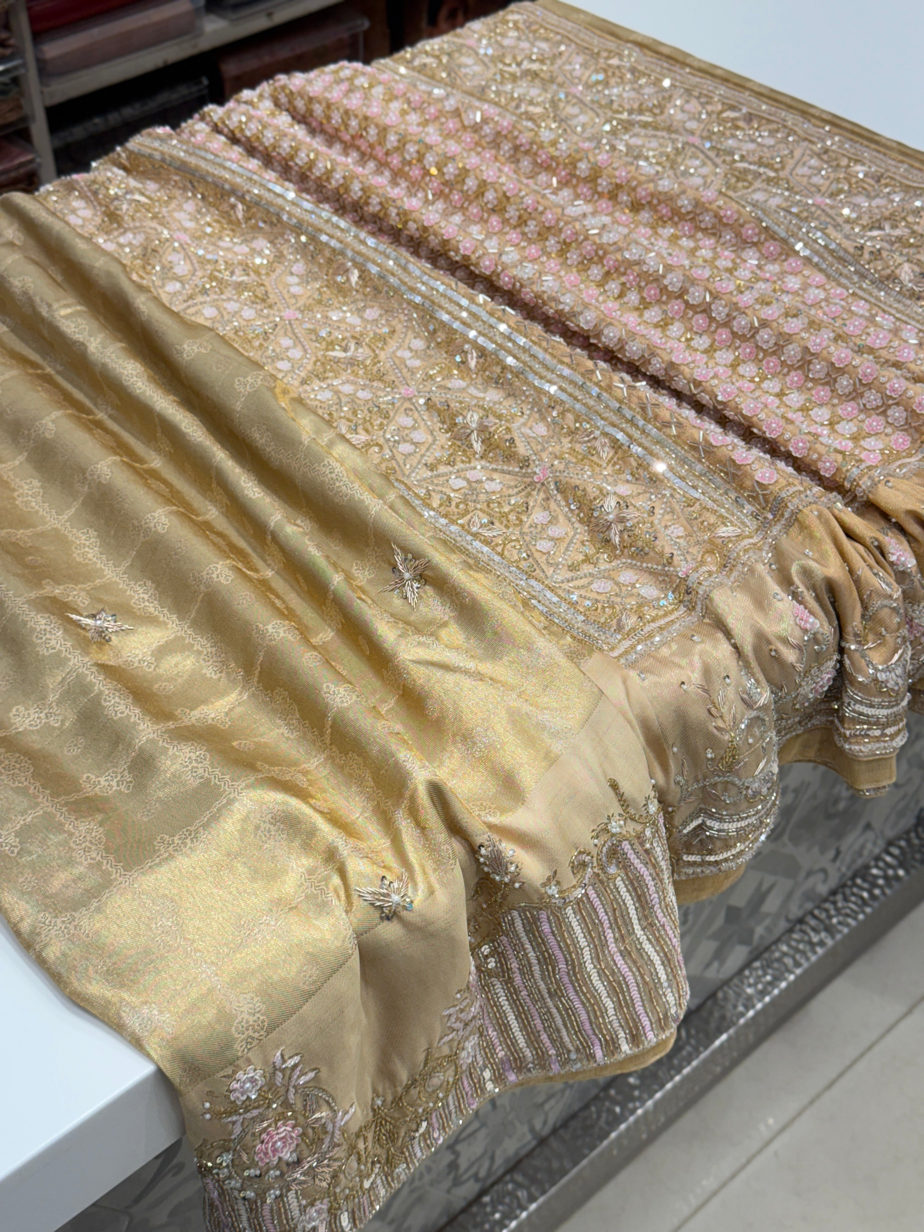 Light Gold Tissue Check Kanjivaram Hand Embroidery Saree