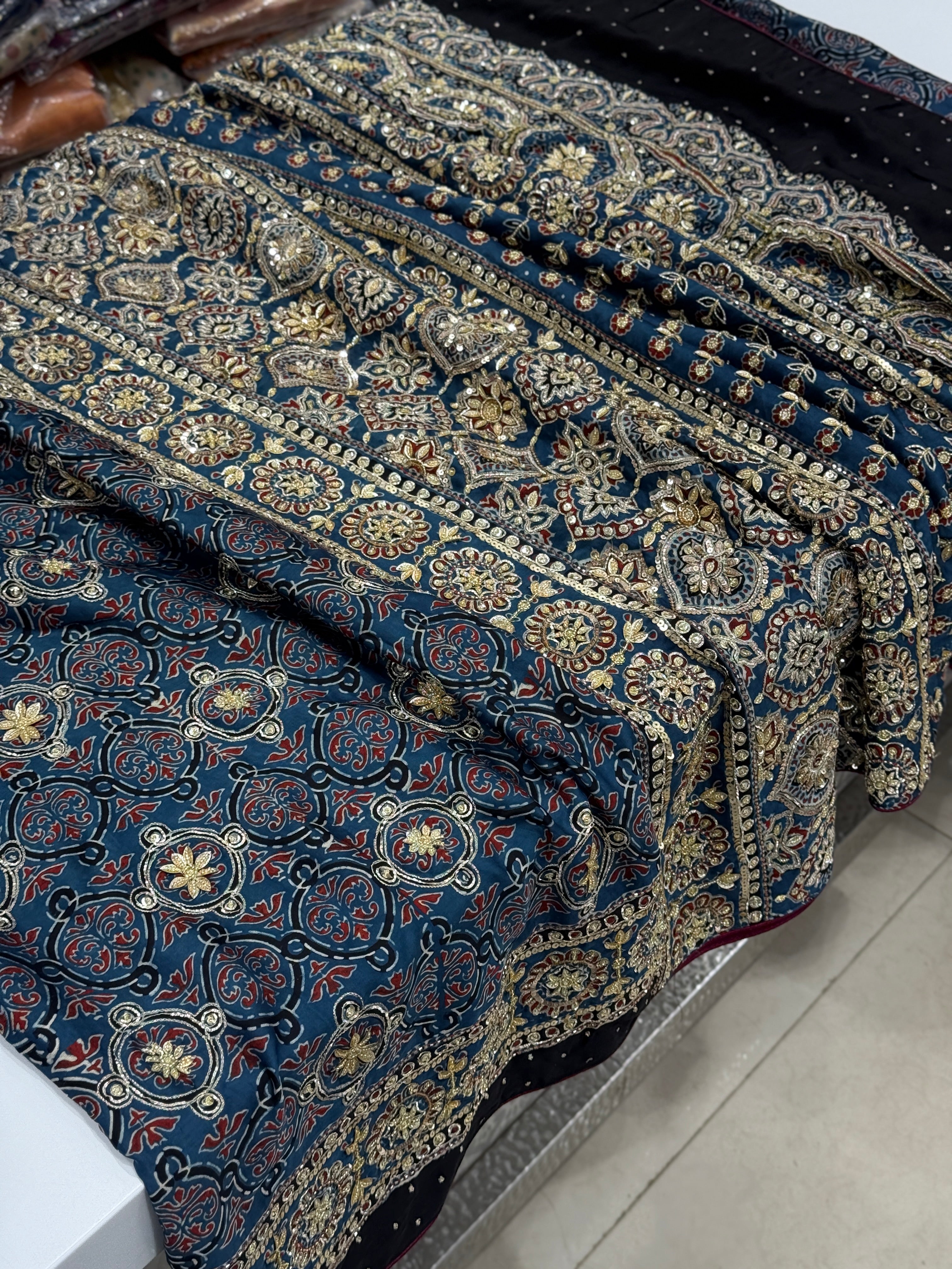 Blue Badam Jaal Pita Zardosi Sequin Ajrakh Hand Embroidery Saree