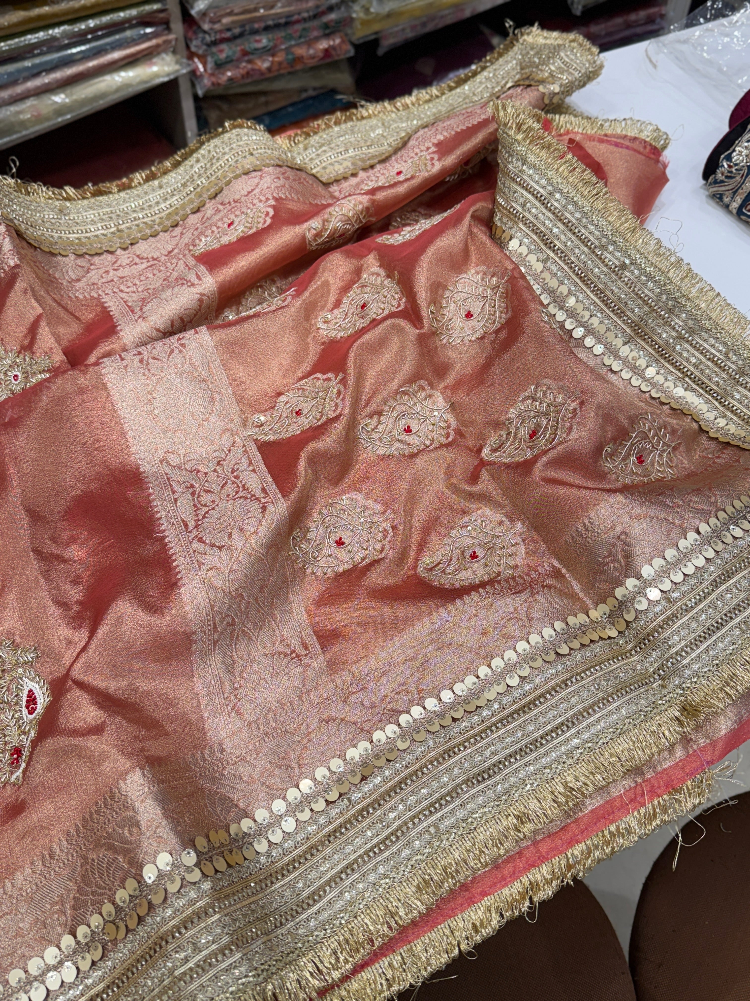 Reddish Pink Tissue Zardozi Butta Saree Maharani