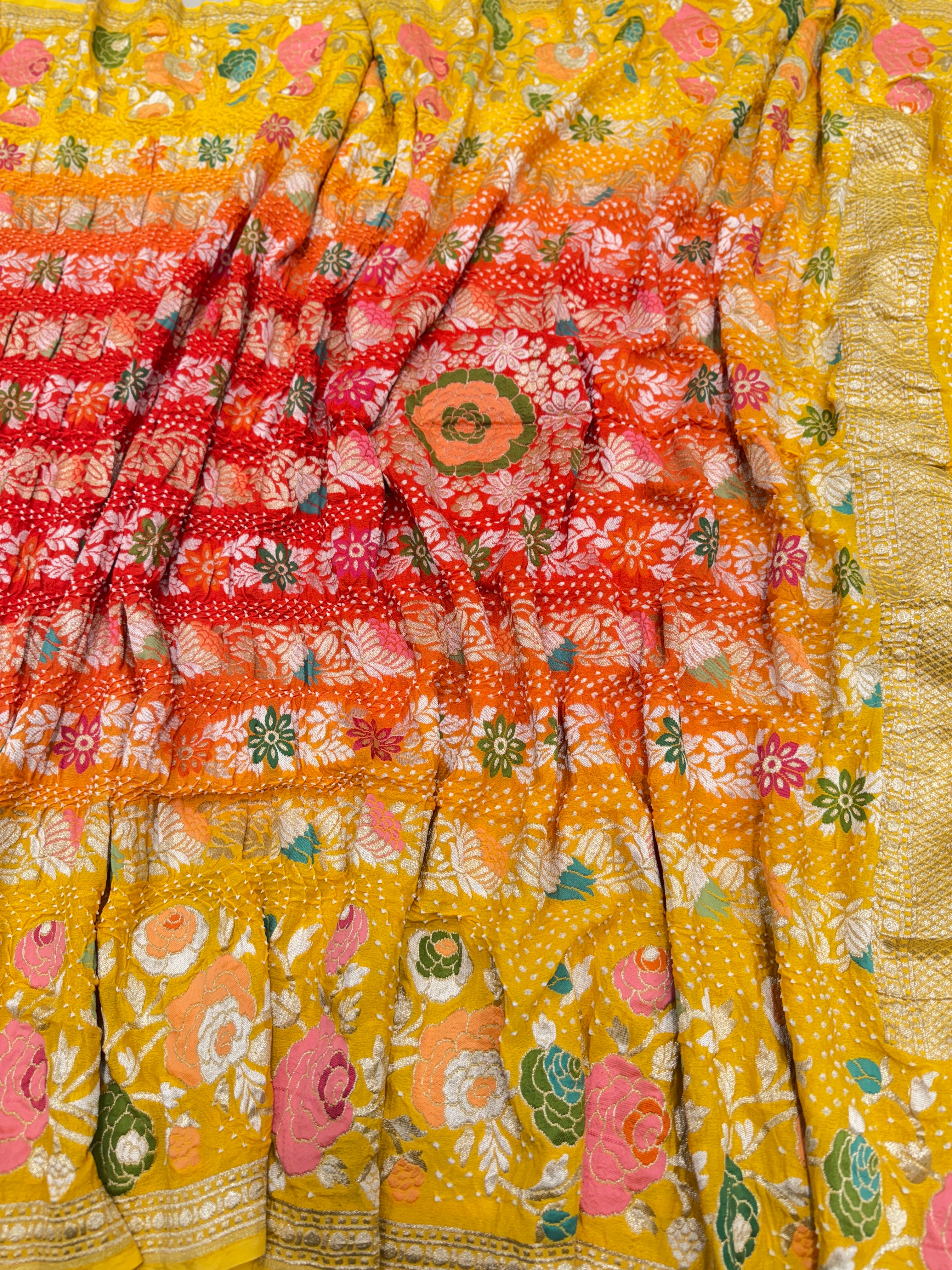 Yellow Red Shaded Floral Meenakari Rai Bandhej Georgette Bandhini Saree