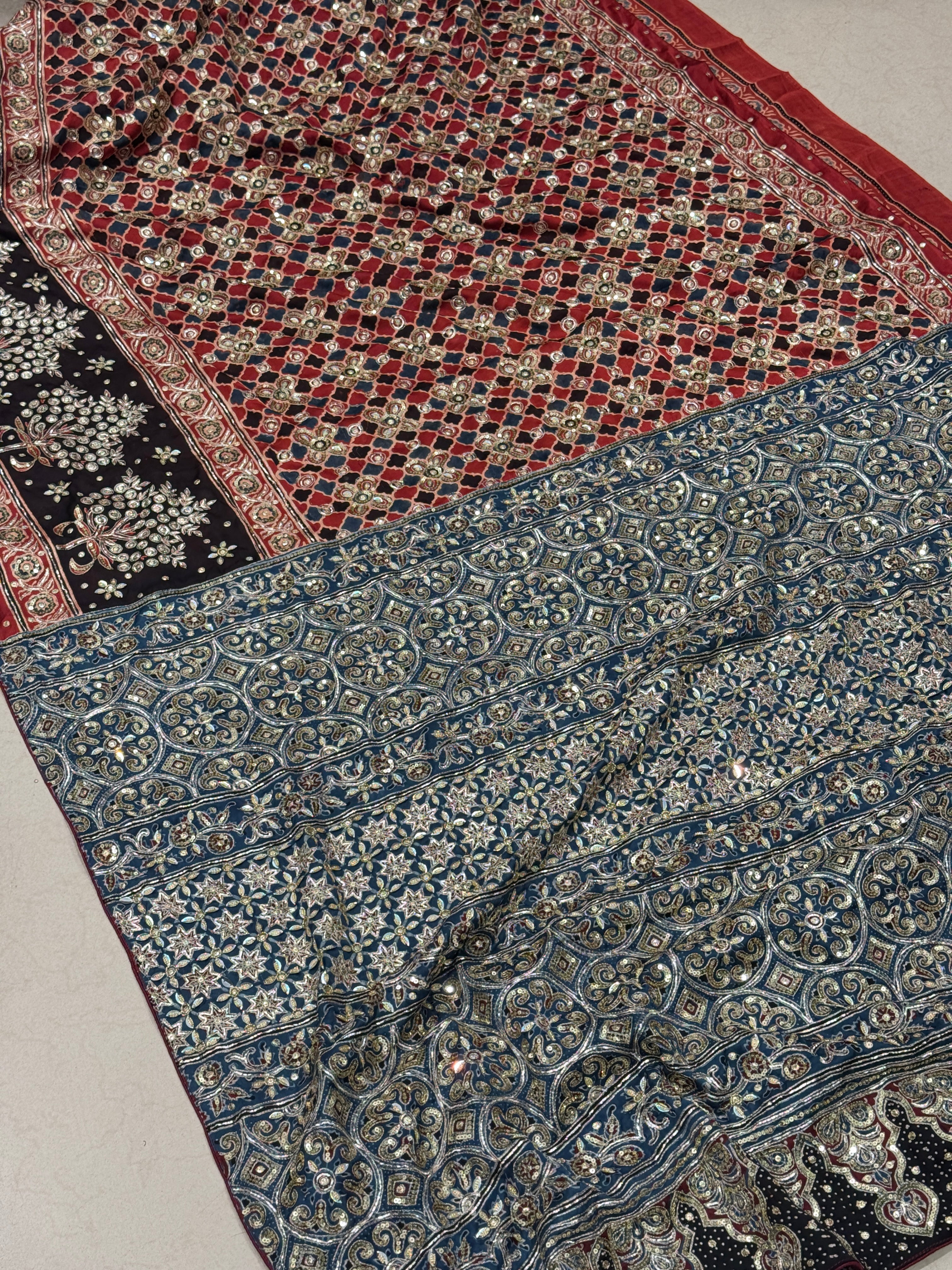 Red Blue Jali Buttas Pita Sequin Ajrakh Hand Embroidery Saree
