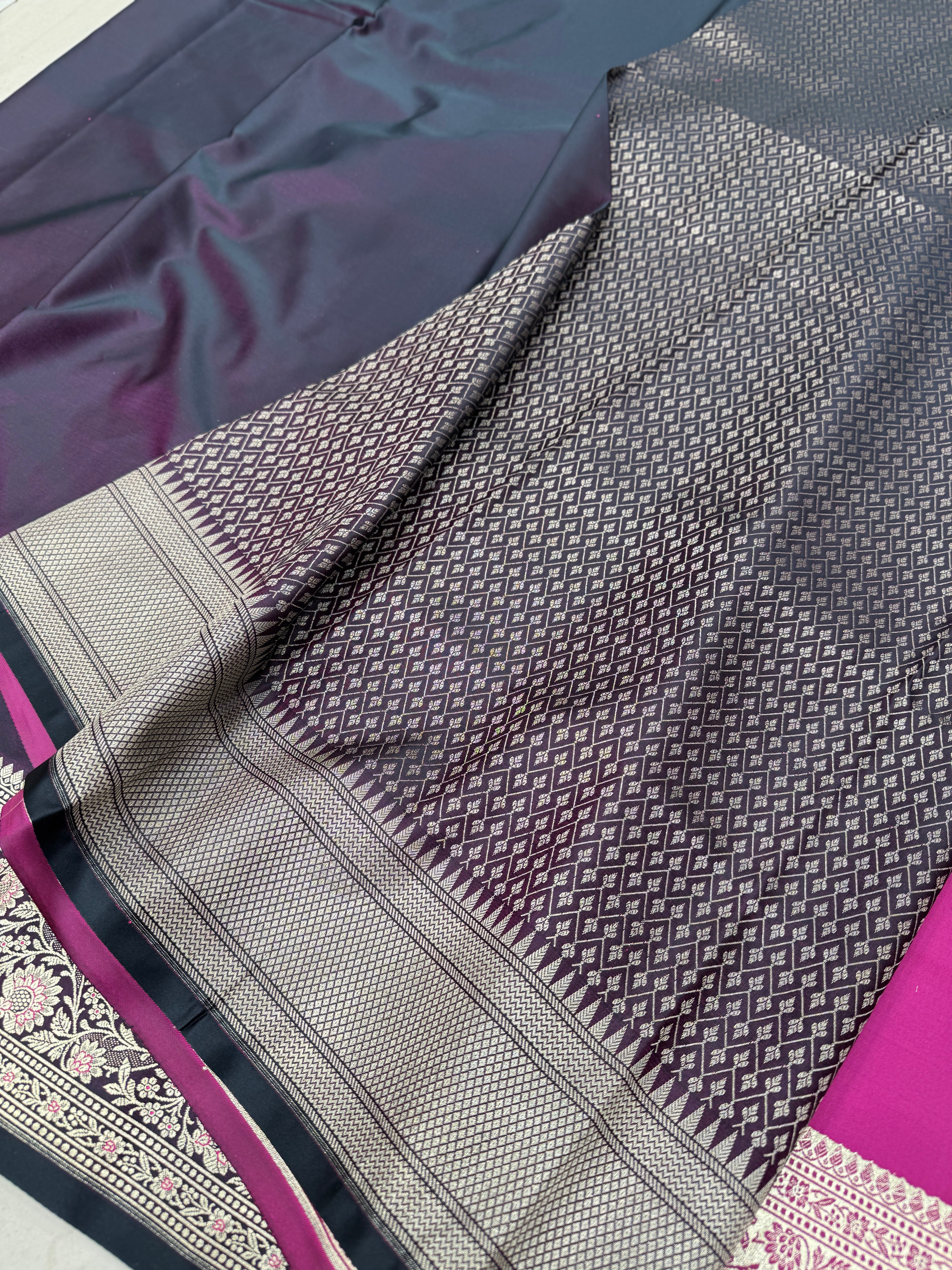 Purple Dhup Chav Banarasi Plain Upside Down Border Saree