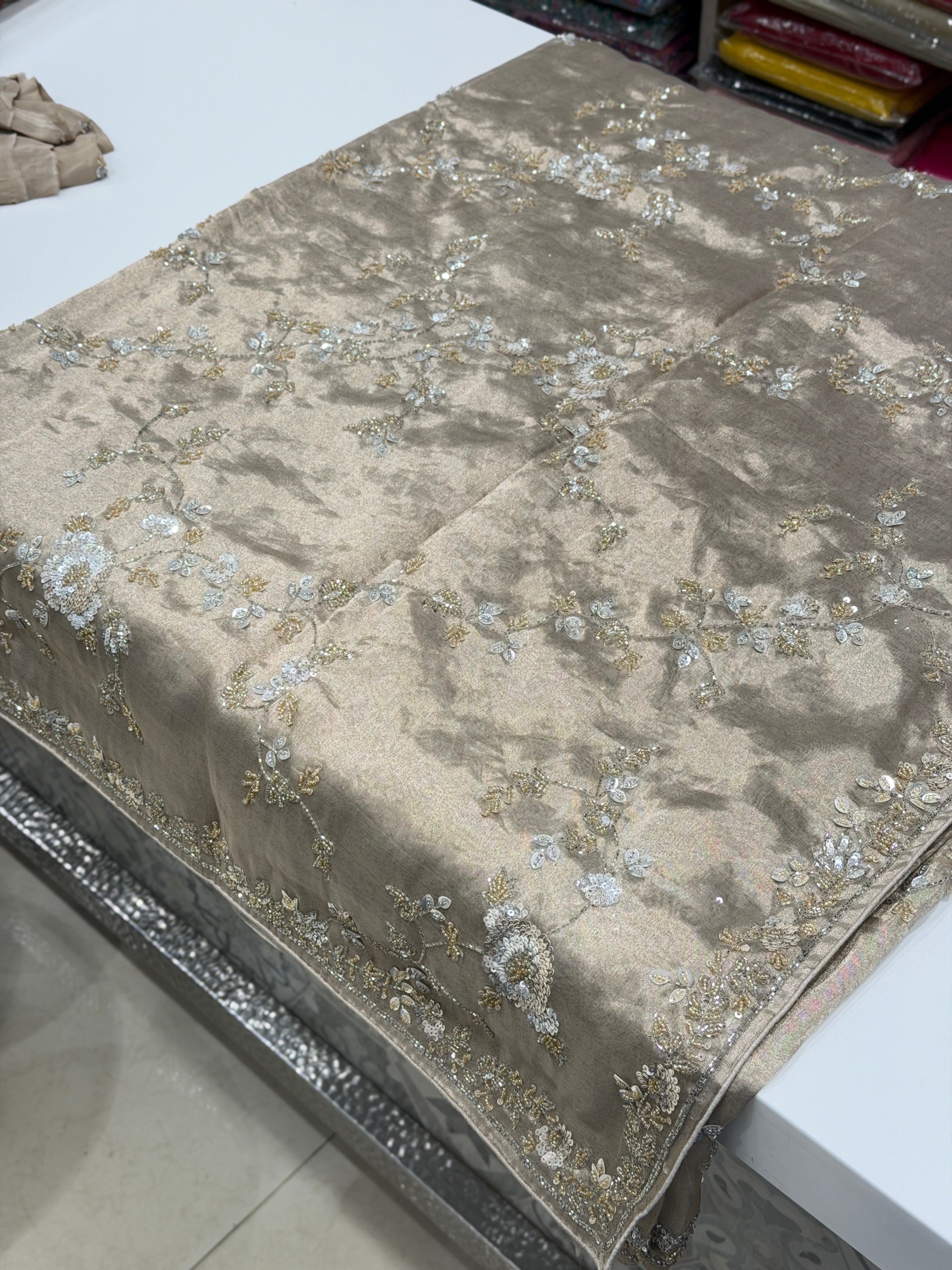 Rosegold Silver Pure Tissue Silk Sequin Moti Hand Embroidery Saree