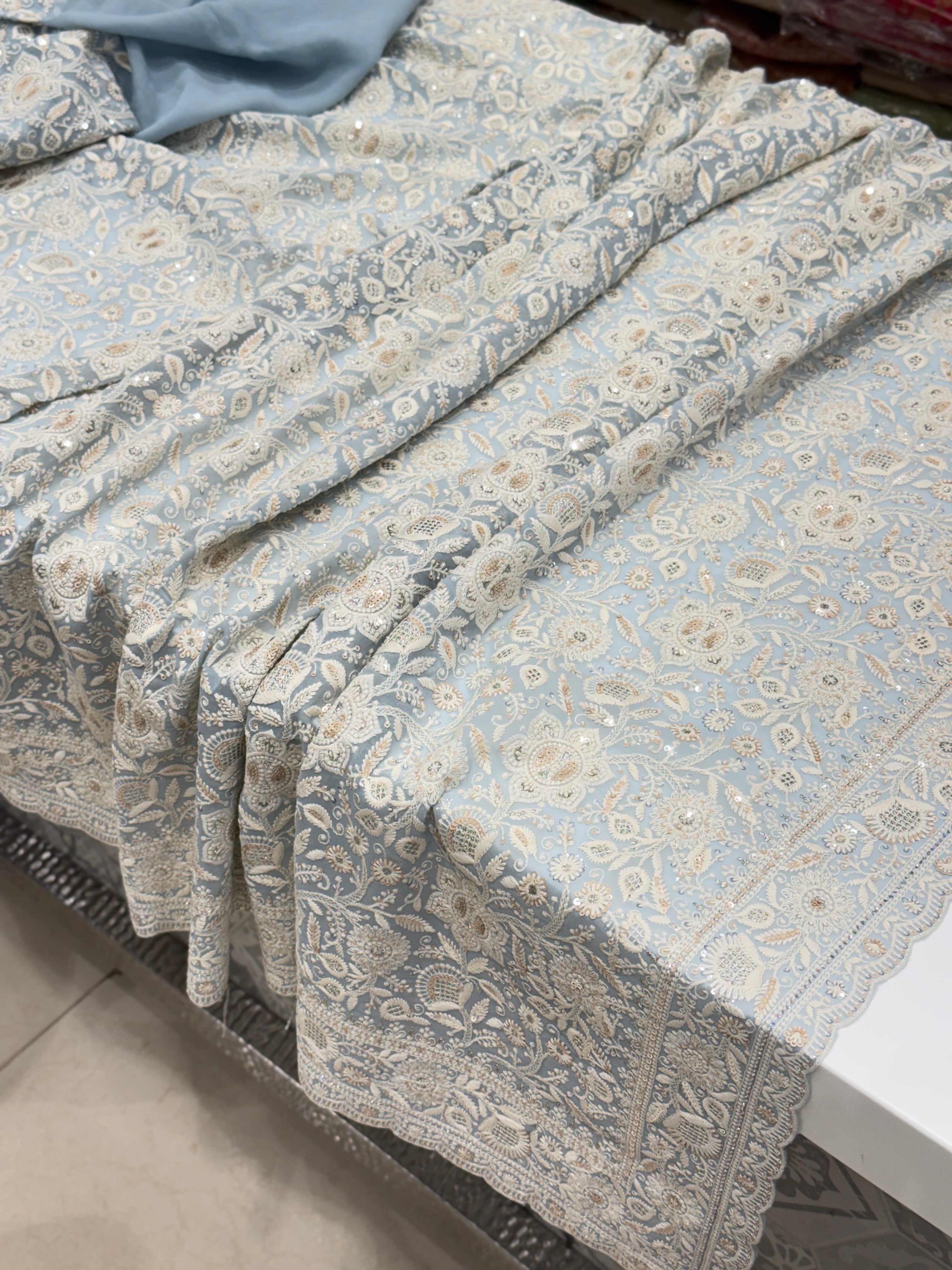 Powder Blue Chikankari Small Scallop Design Saree