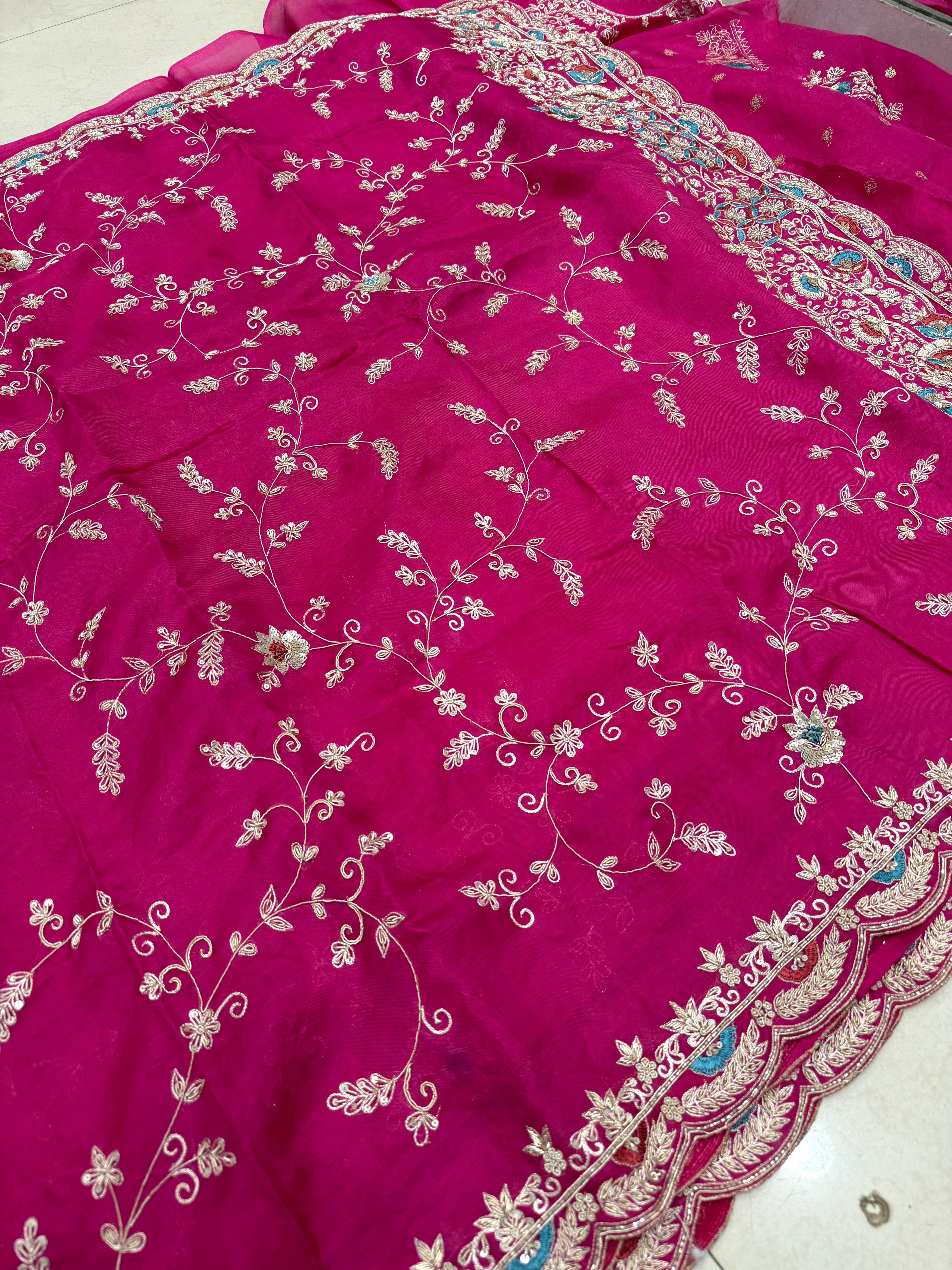 Rani Pink Organza Zardosi Resham Jaal Hand Embroidery Saree