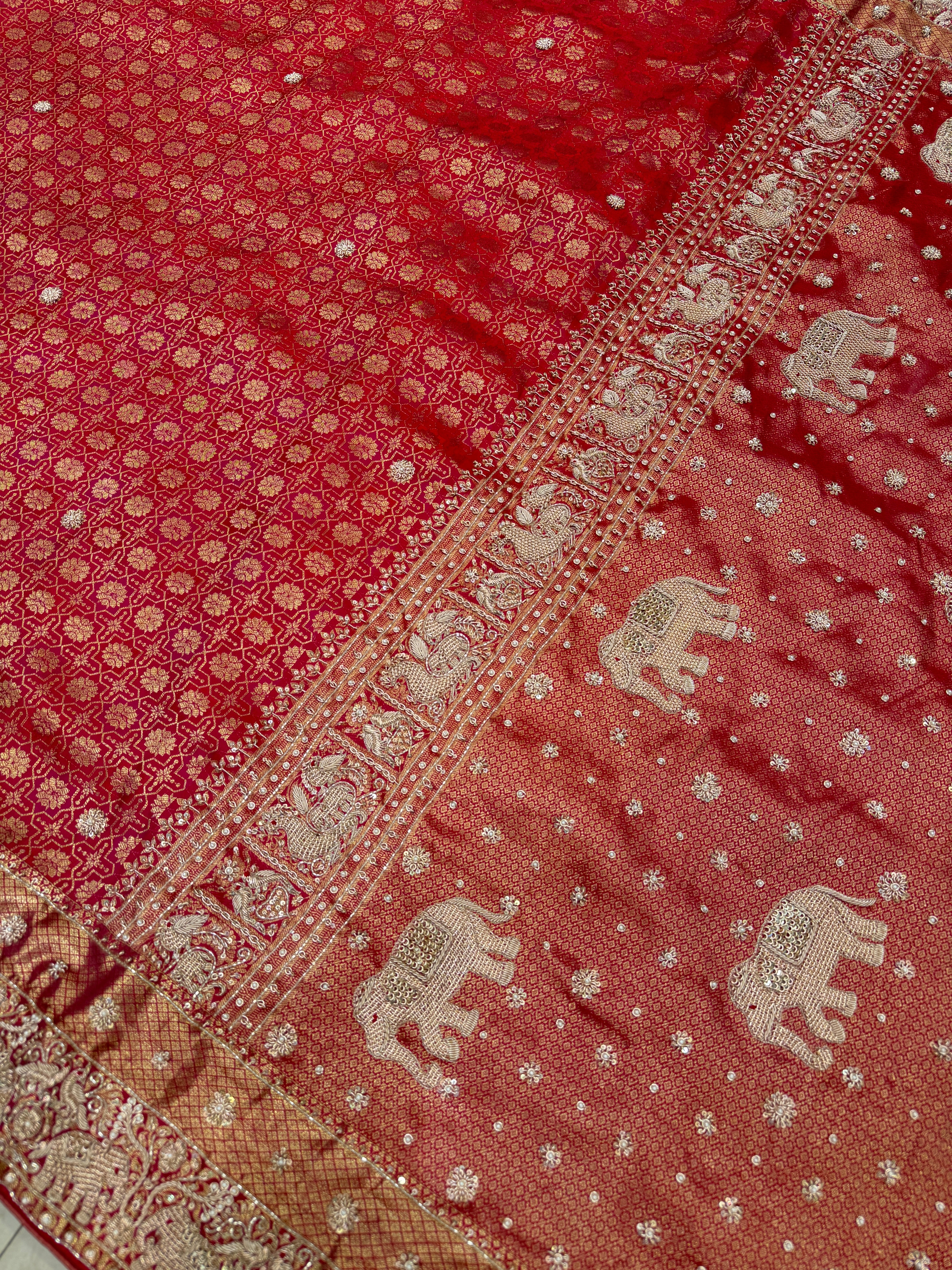 Crimson Kanjivaram Elephant Motifs Zardosi Hand Embroidery Saree