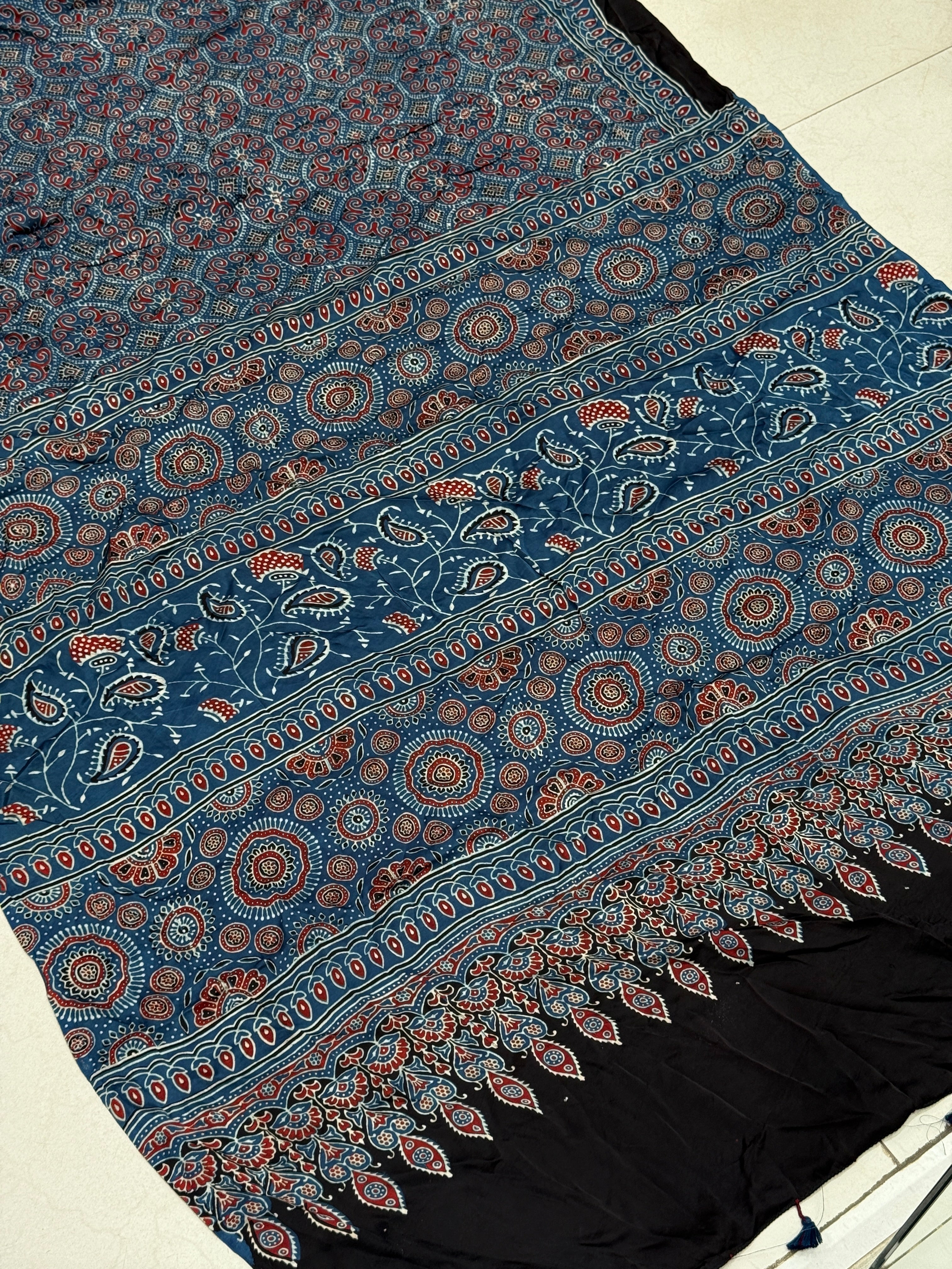 Blue Jewelled Jaal Ajrakh Modal Gajji Silk Saree