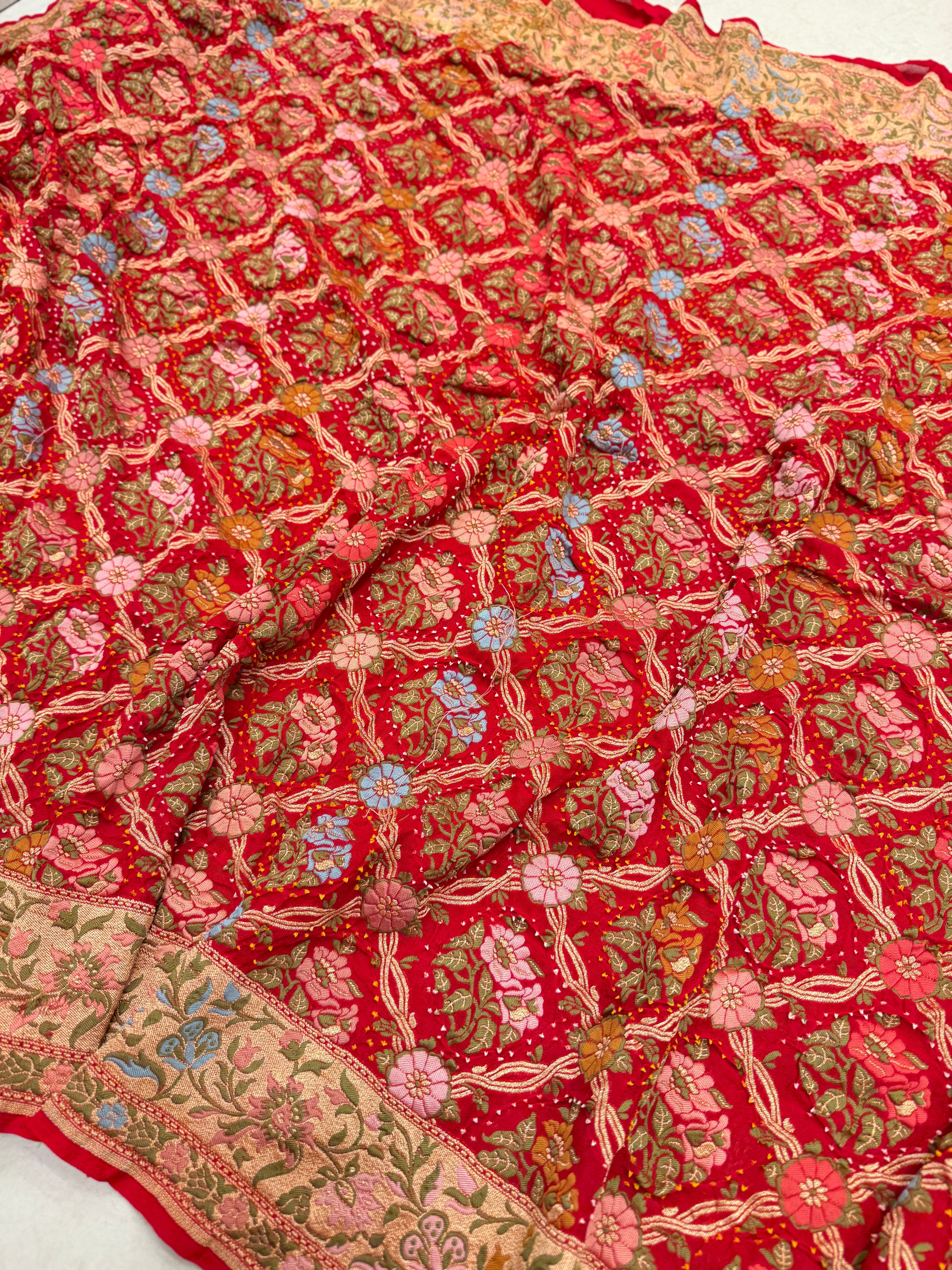 Red Floral Jaal Meenakari Rai Bandhej Georgette Bandhini Saree