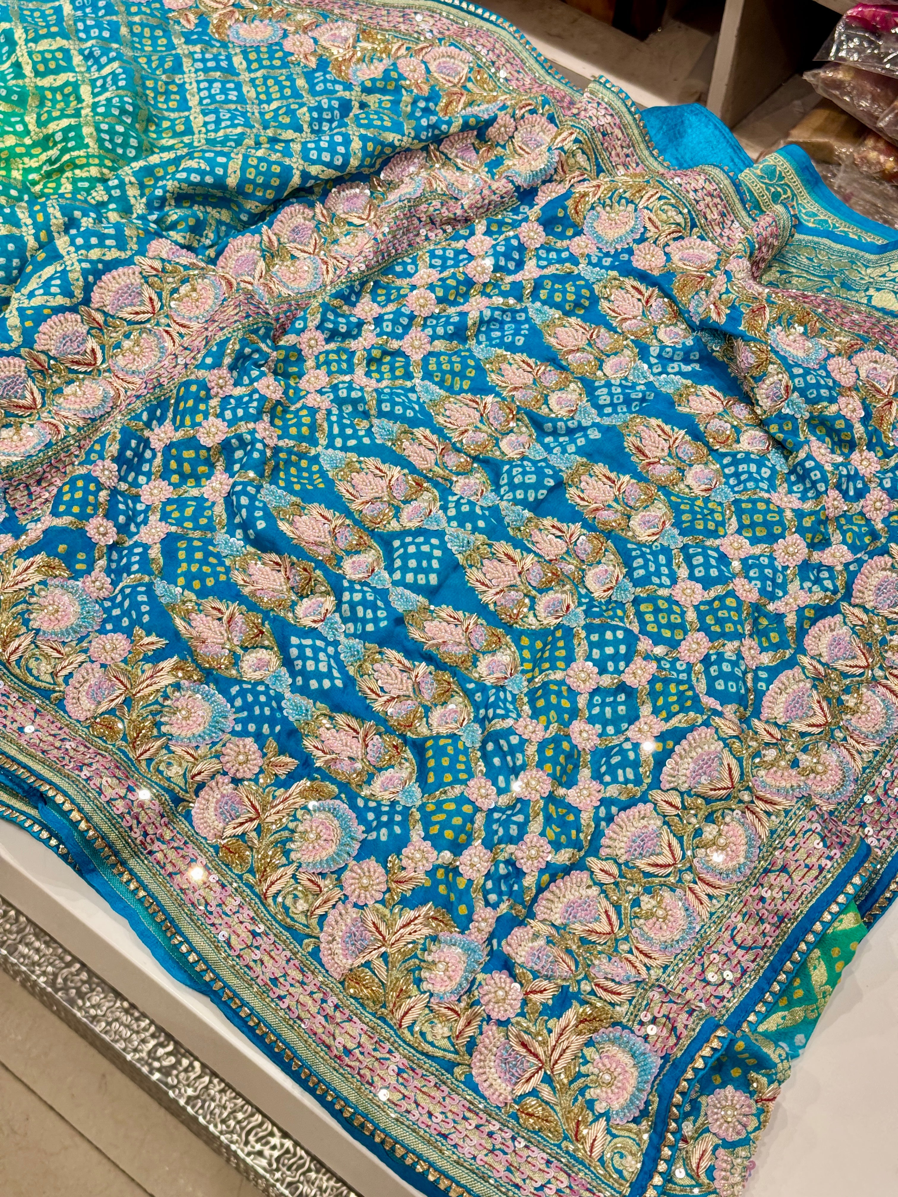 Jhanvi Kapoor Inspire Bandhej Hand Embroidery Saree