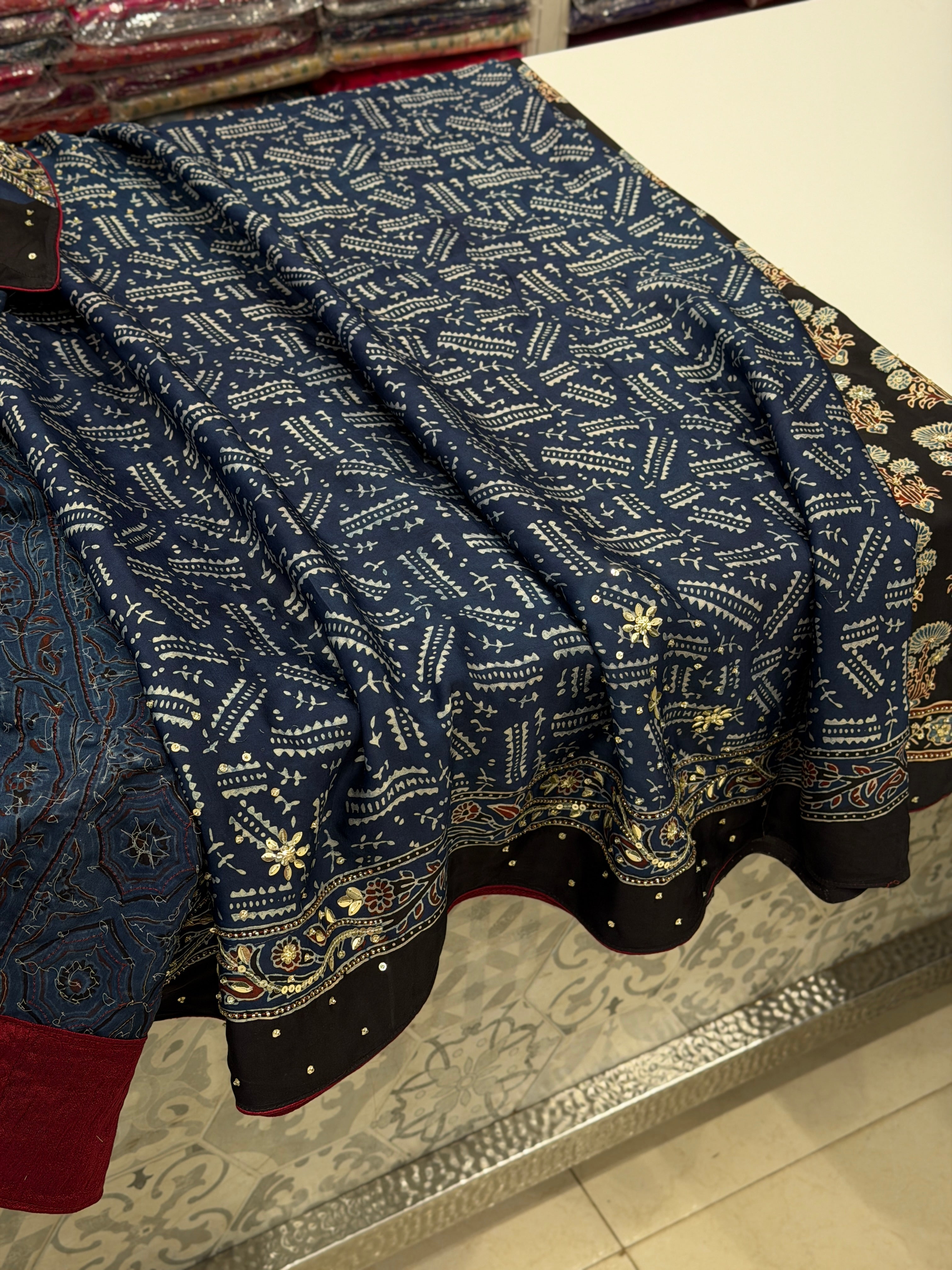 Black Butta Moti Sequin Ajrakh Hand Embroidery Saree