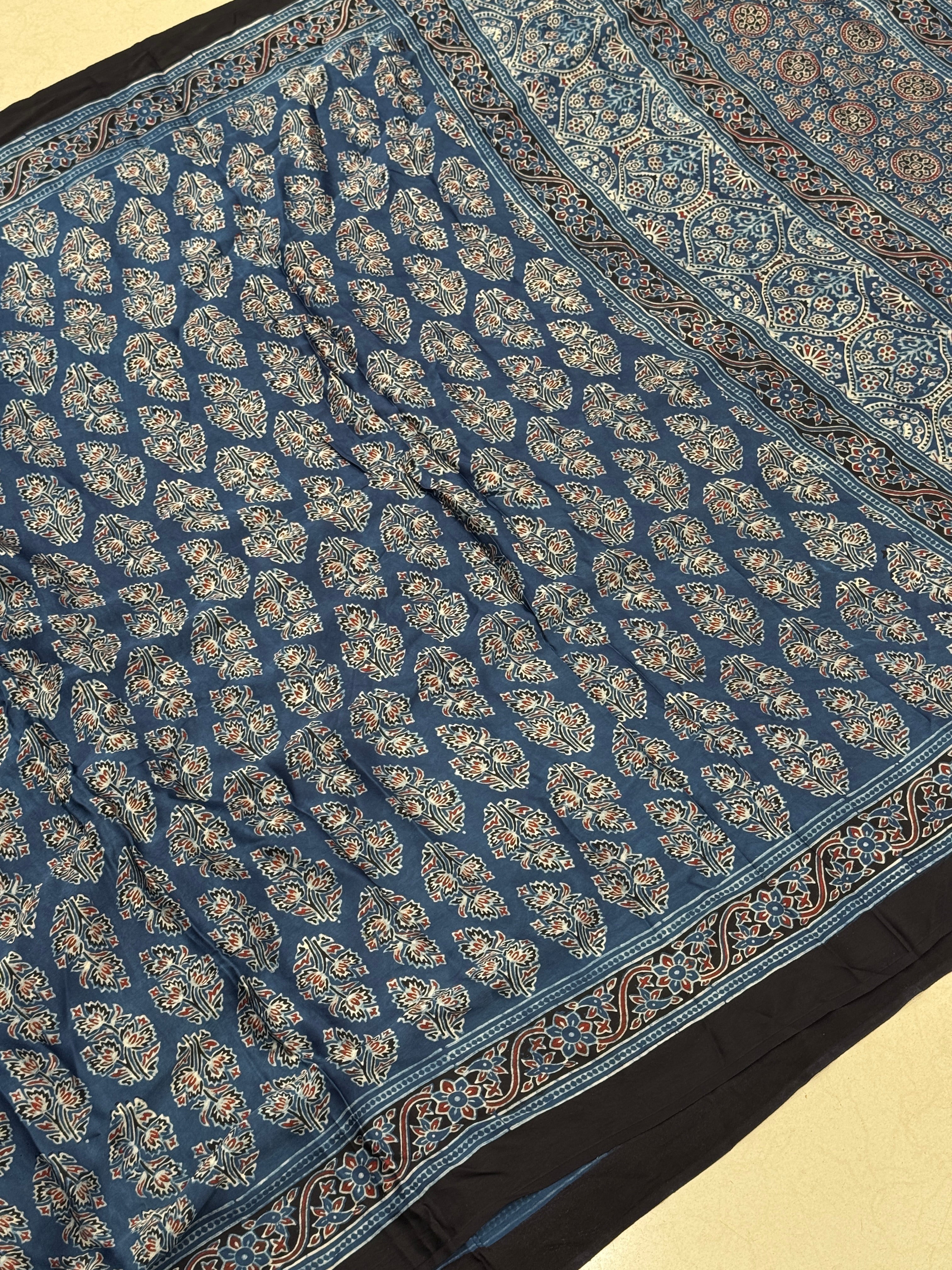 Blue Tree Butta Ajrakh Hand Block Print Pure Gajji Silk Saree