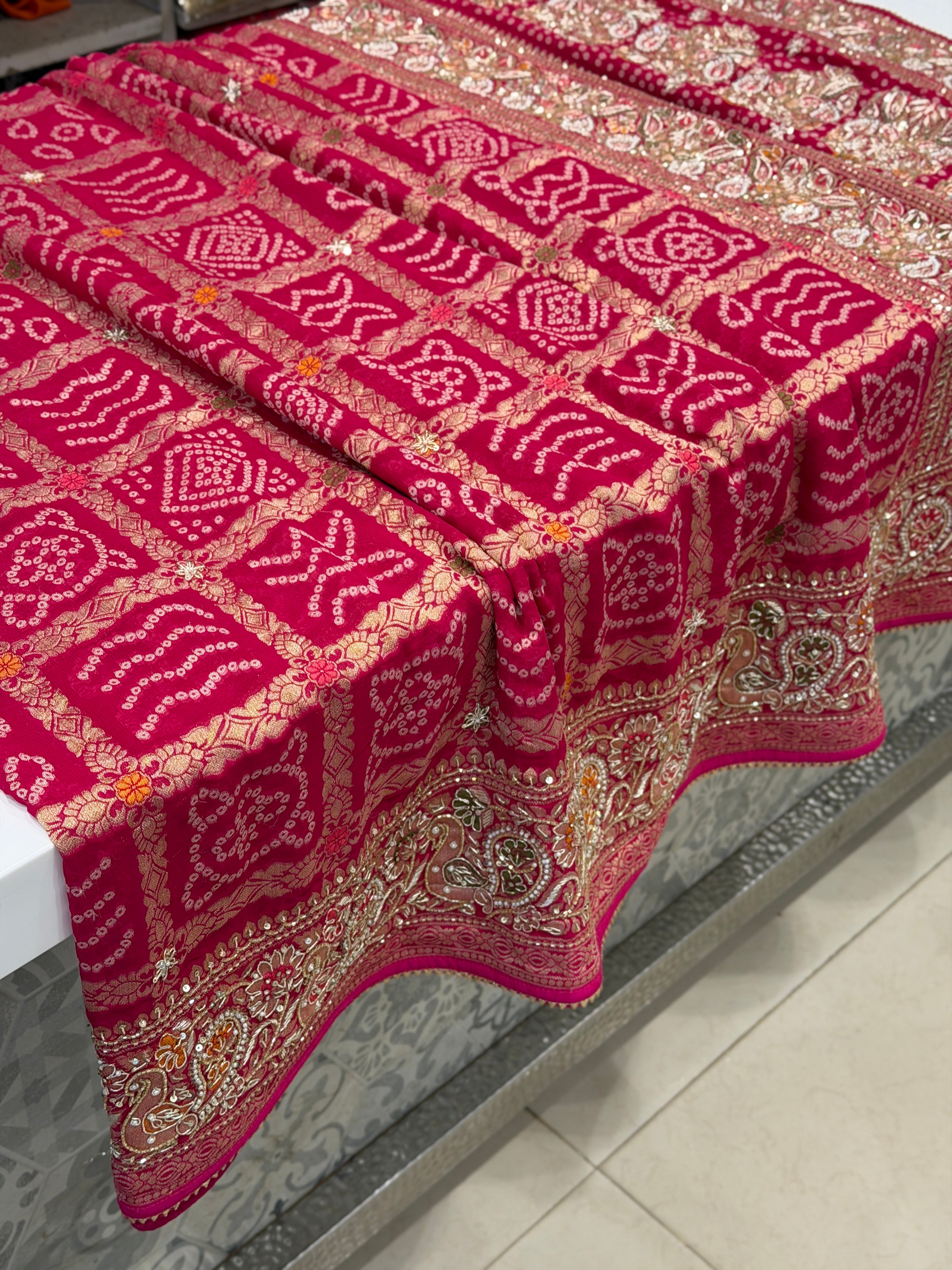 Rani Gharchola Weaved Bandhej Georgette Zardosi Hand Embroidery Saree