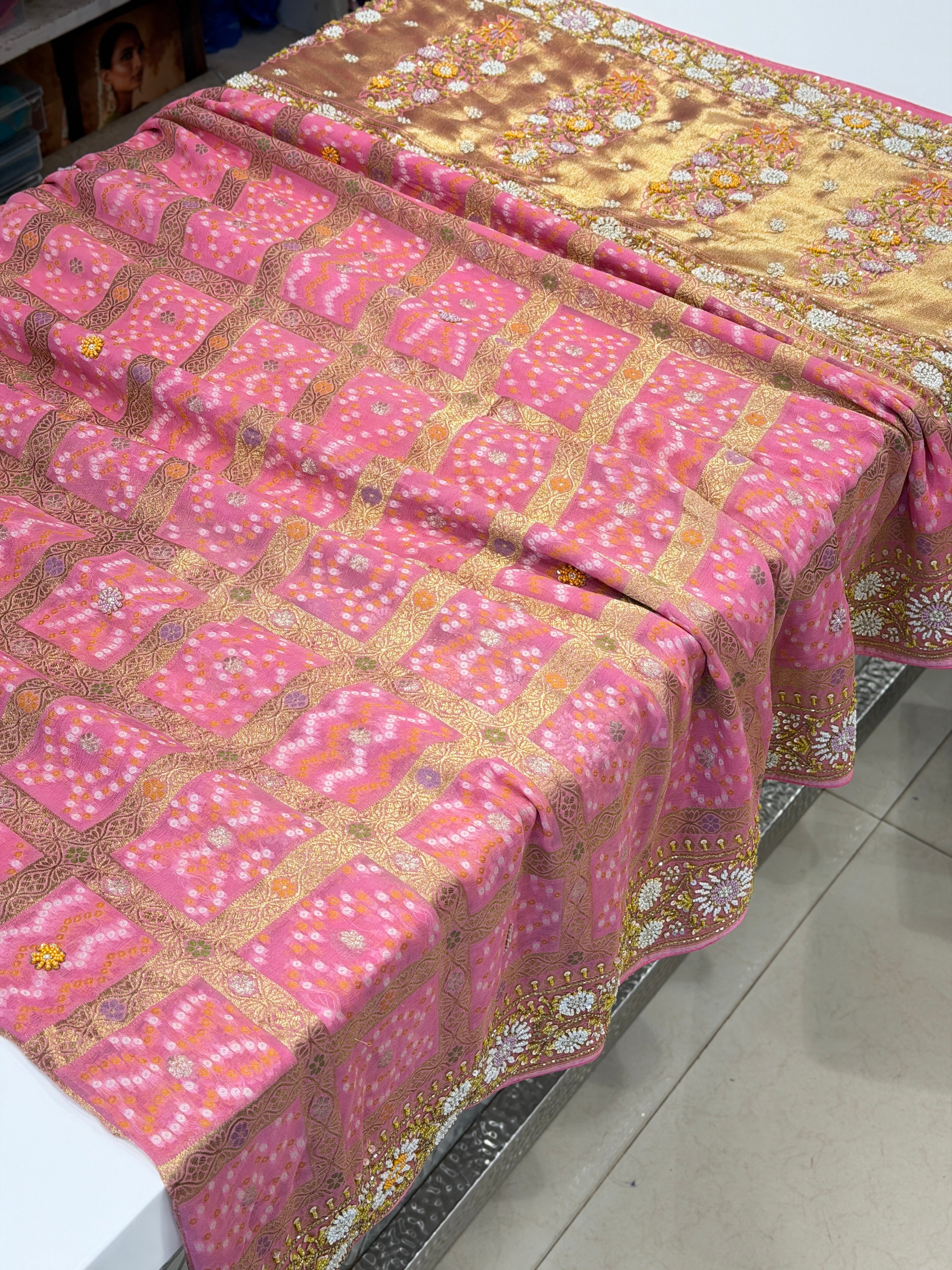 Pink Gharchola without Figures Moti Sequin Zardosi Hand Embroidery Georgette Saree