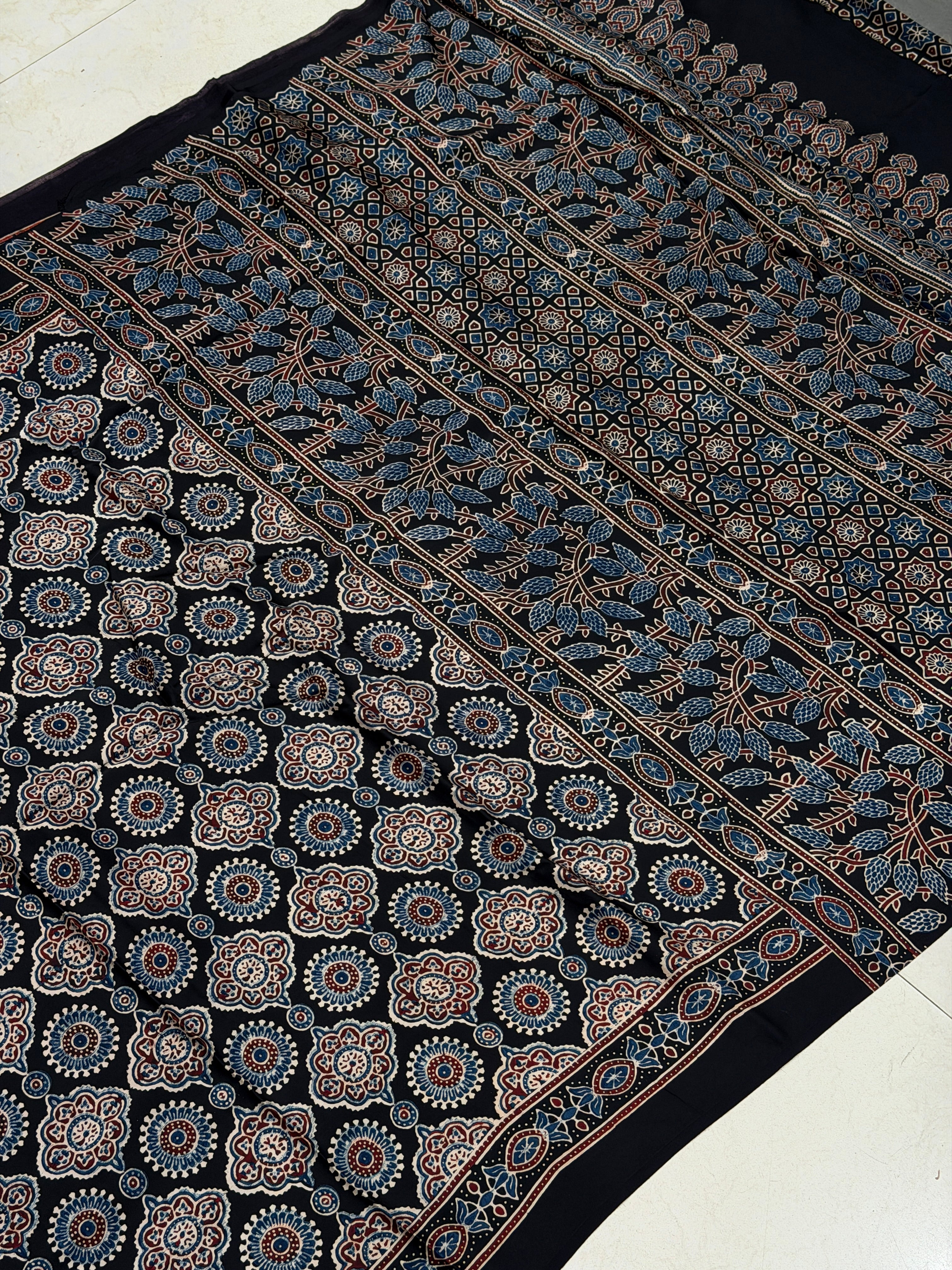 Black Geometric Circles Ajrakh Hand Block Print Pure Modal Silk Saree