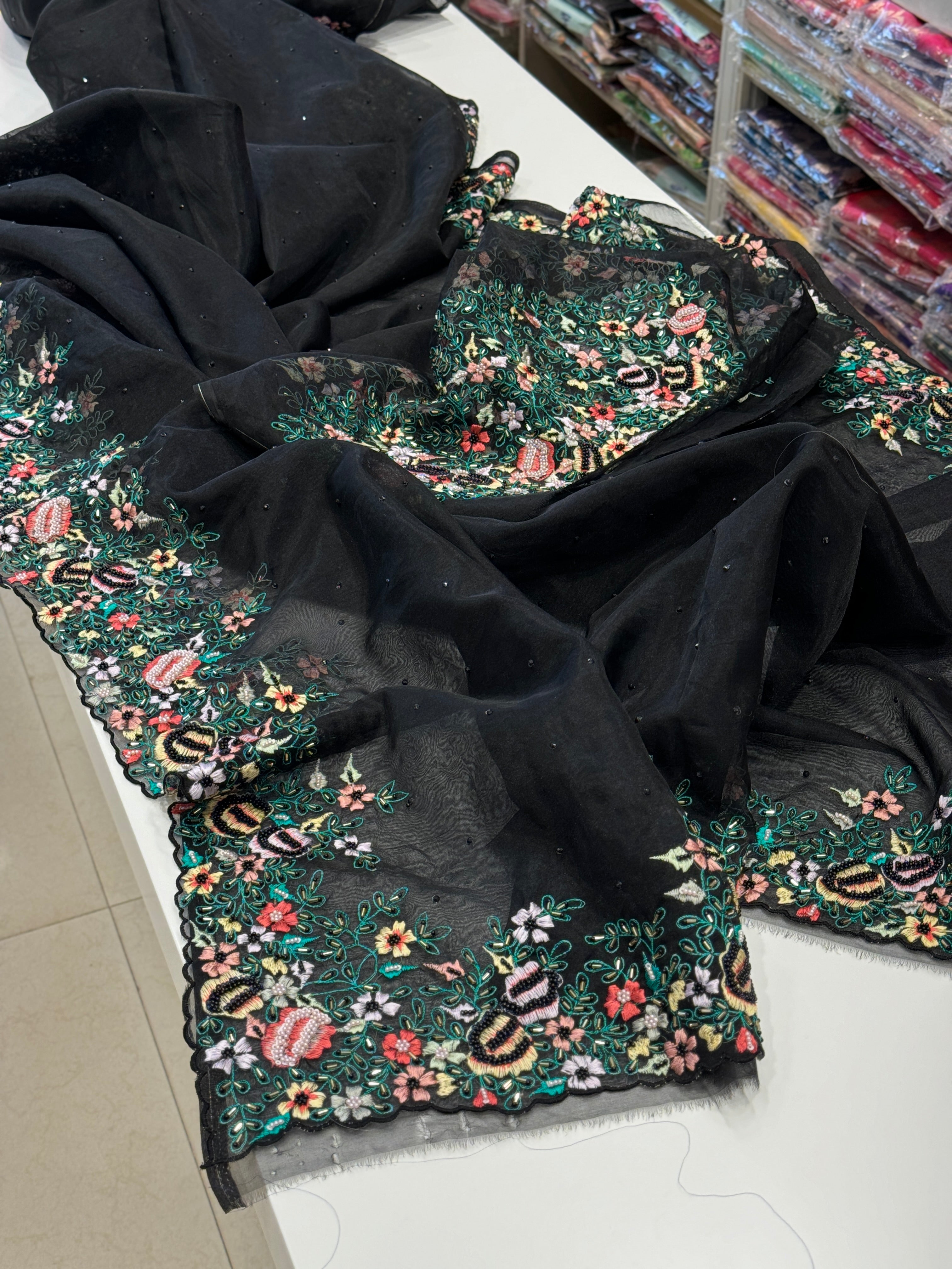 Black Organza Knot Embroidery Saree