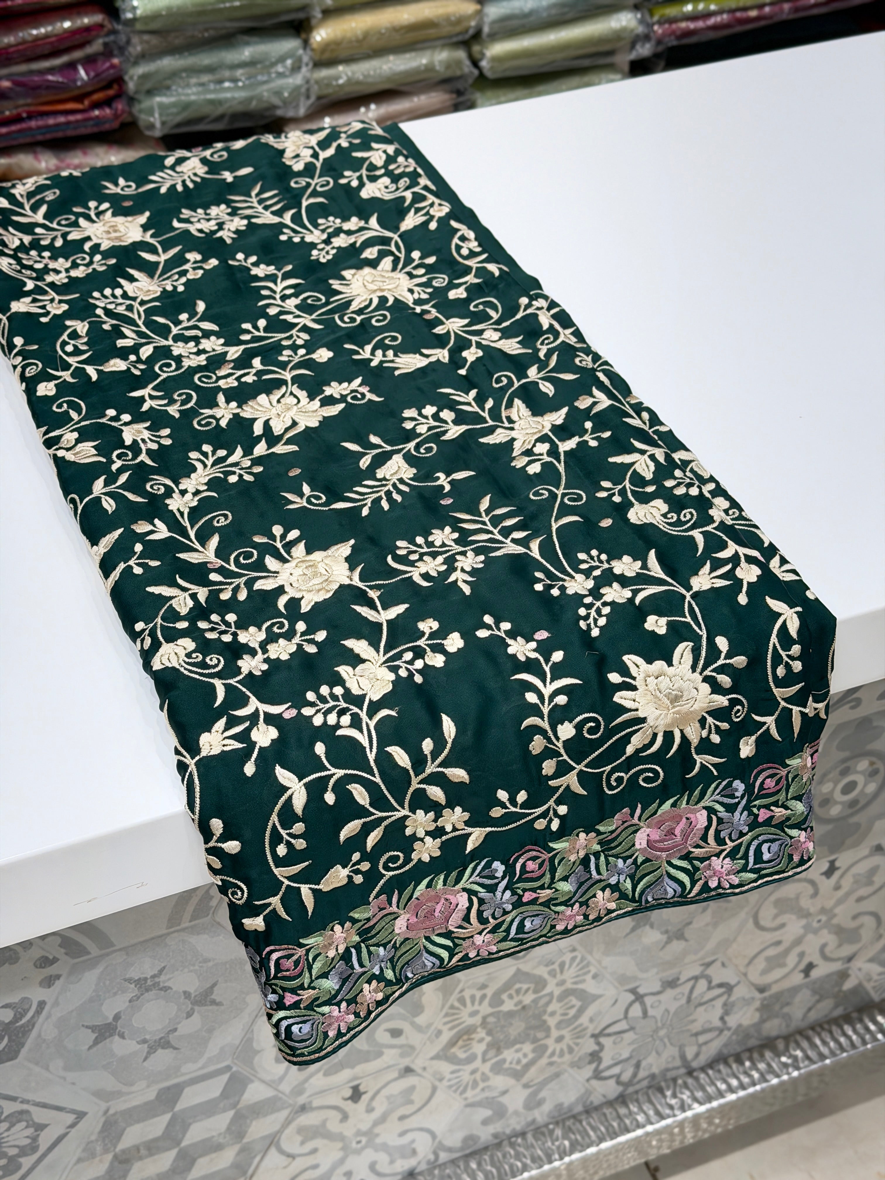 Bottle Green Crepe Floral Multi Resham Border Parsi Gara Saree