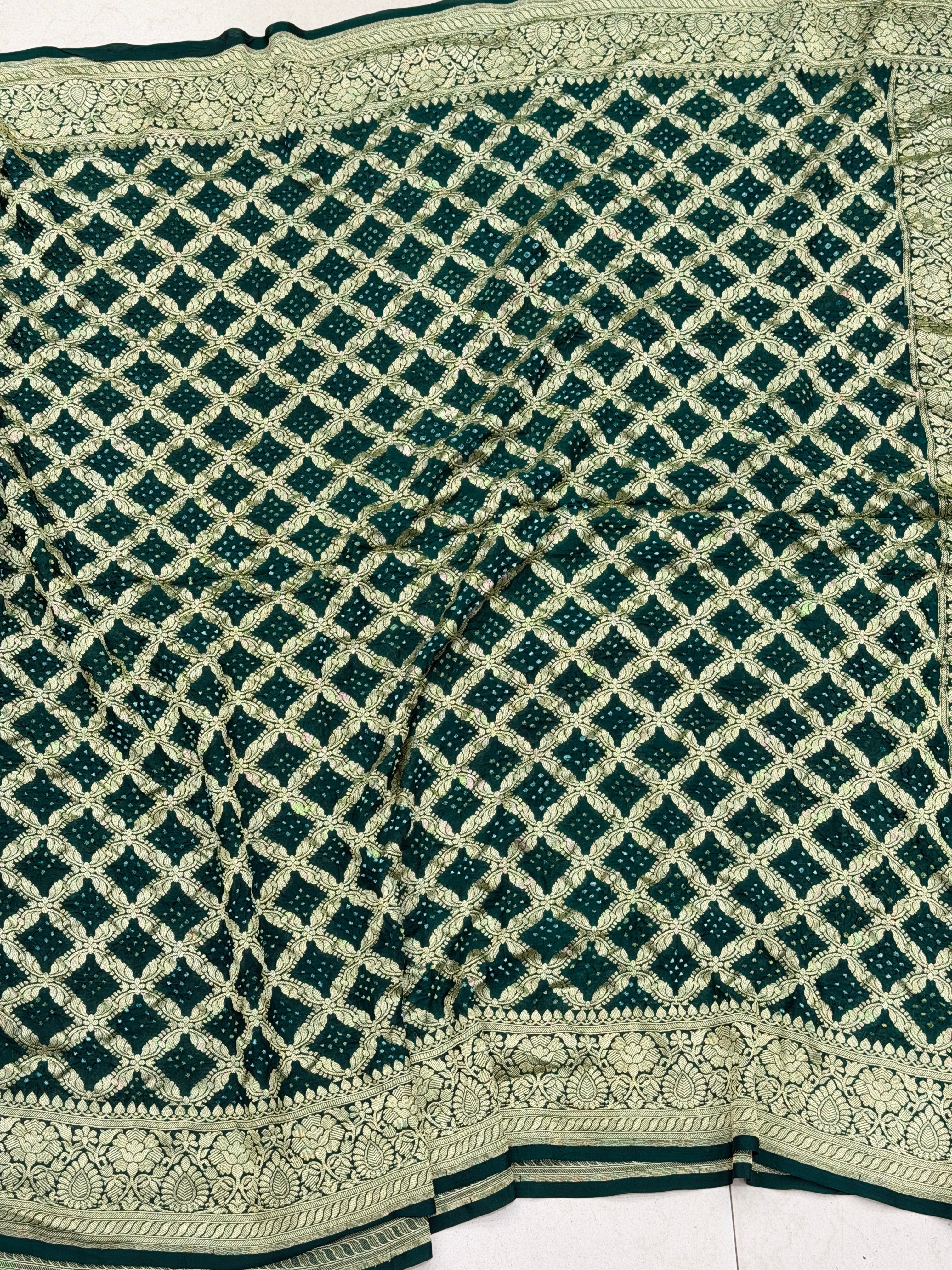 Bottle Green Georgette Handloom Bandhej Bandhini Saree