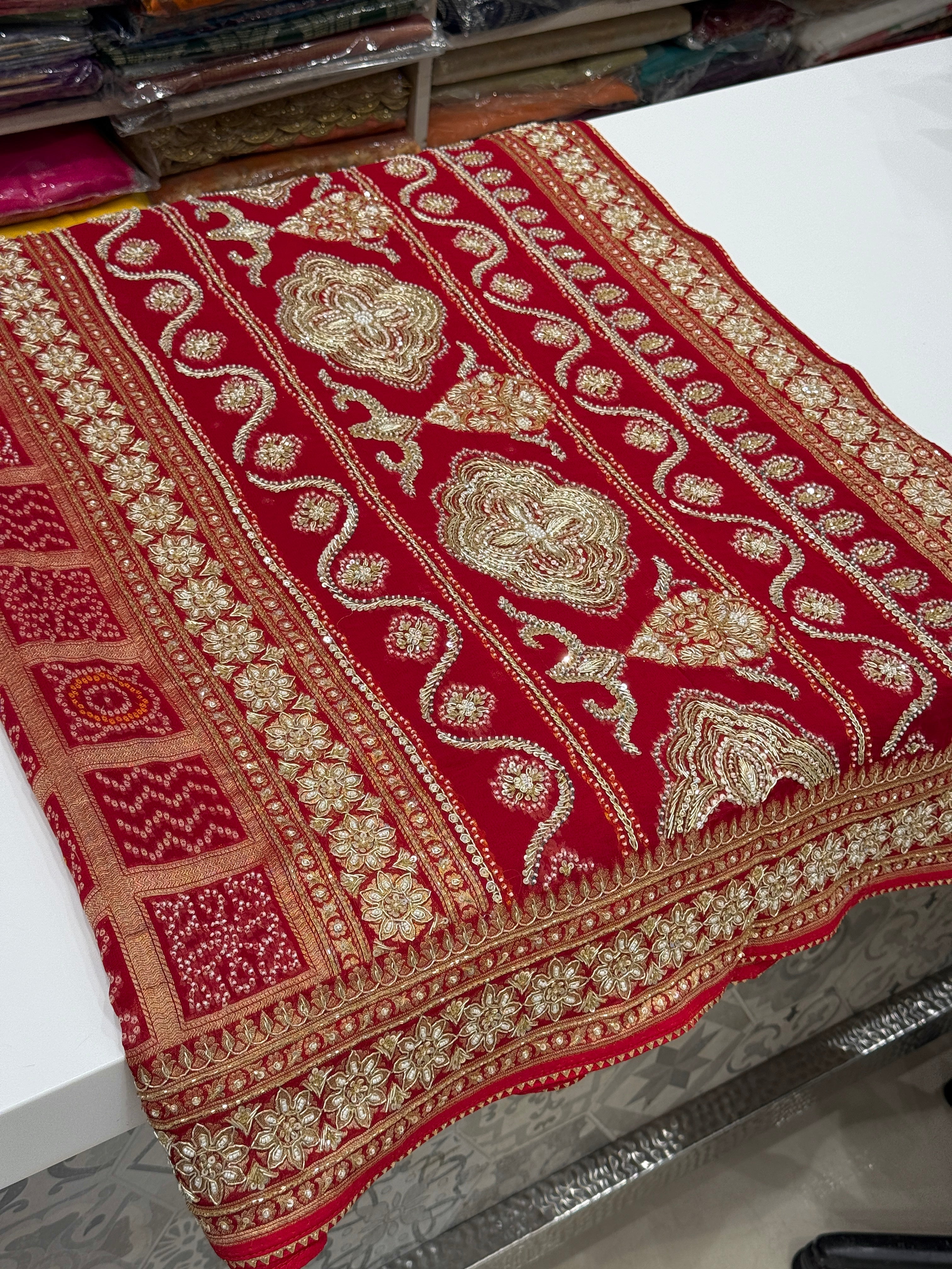 Red Traditional Gharchola Georgette Zardosi Hand Embroidery Saree