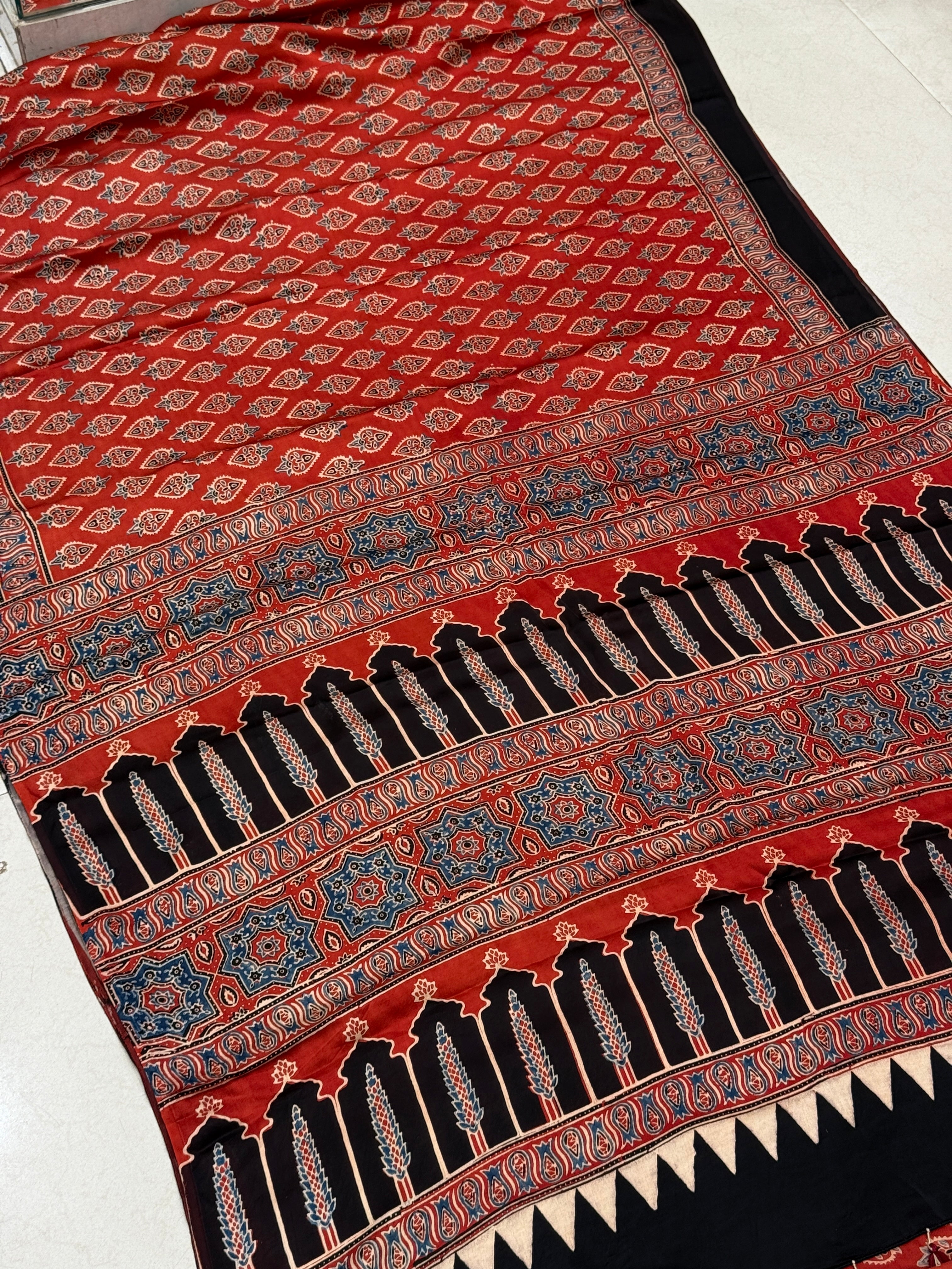 Red Torch Buttis Ajrakh Modal Gajji Silk Saree
