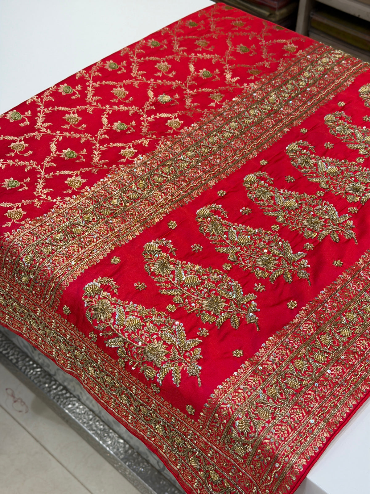 Cross Red Meenakari Banarasi Jaal Antique Zardosi Hand Embroidery Saree