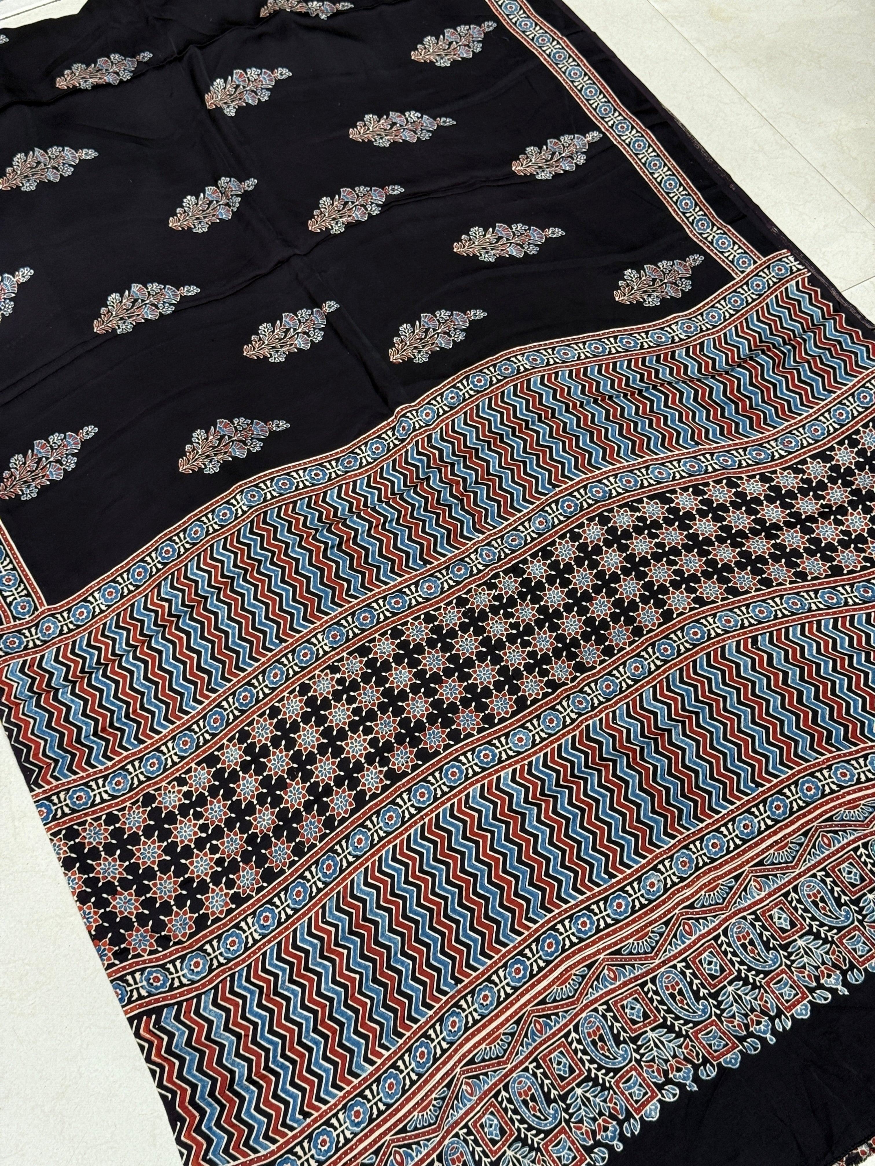 Black Floral Big Buttas Ajrakh Block Print Hand Pure Gajji Silk Saree