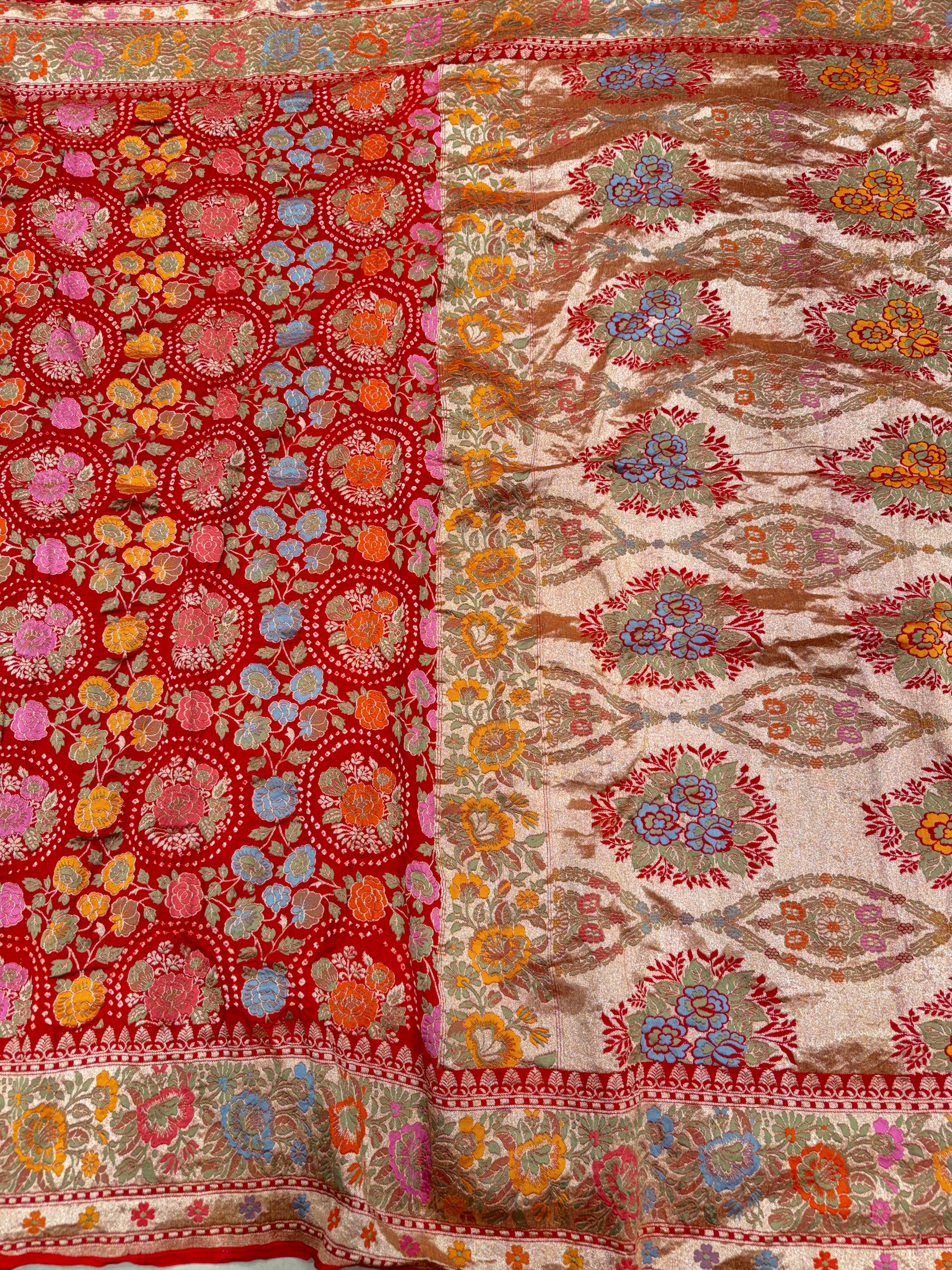 Red Floral Rose Buttas Meenakari Rai Bandhej Bandhini Saree
