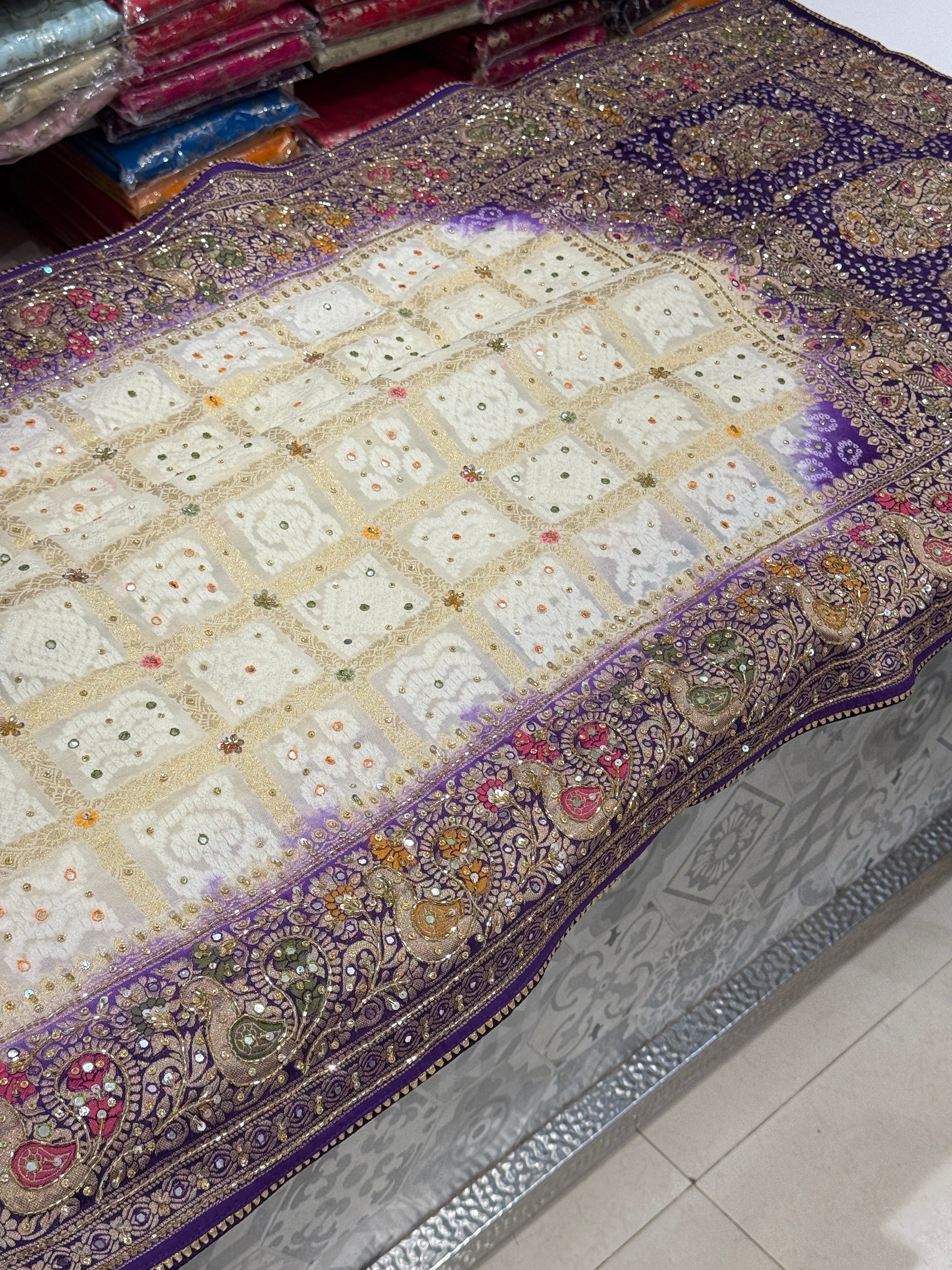 Beige Violet Gharchola Hand Embroidery Saree