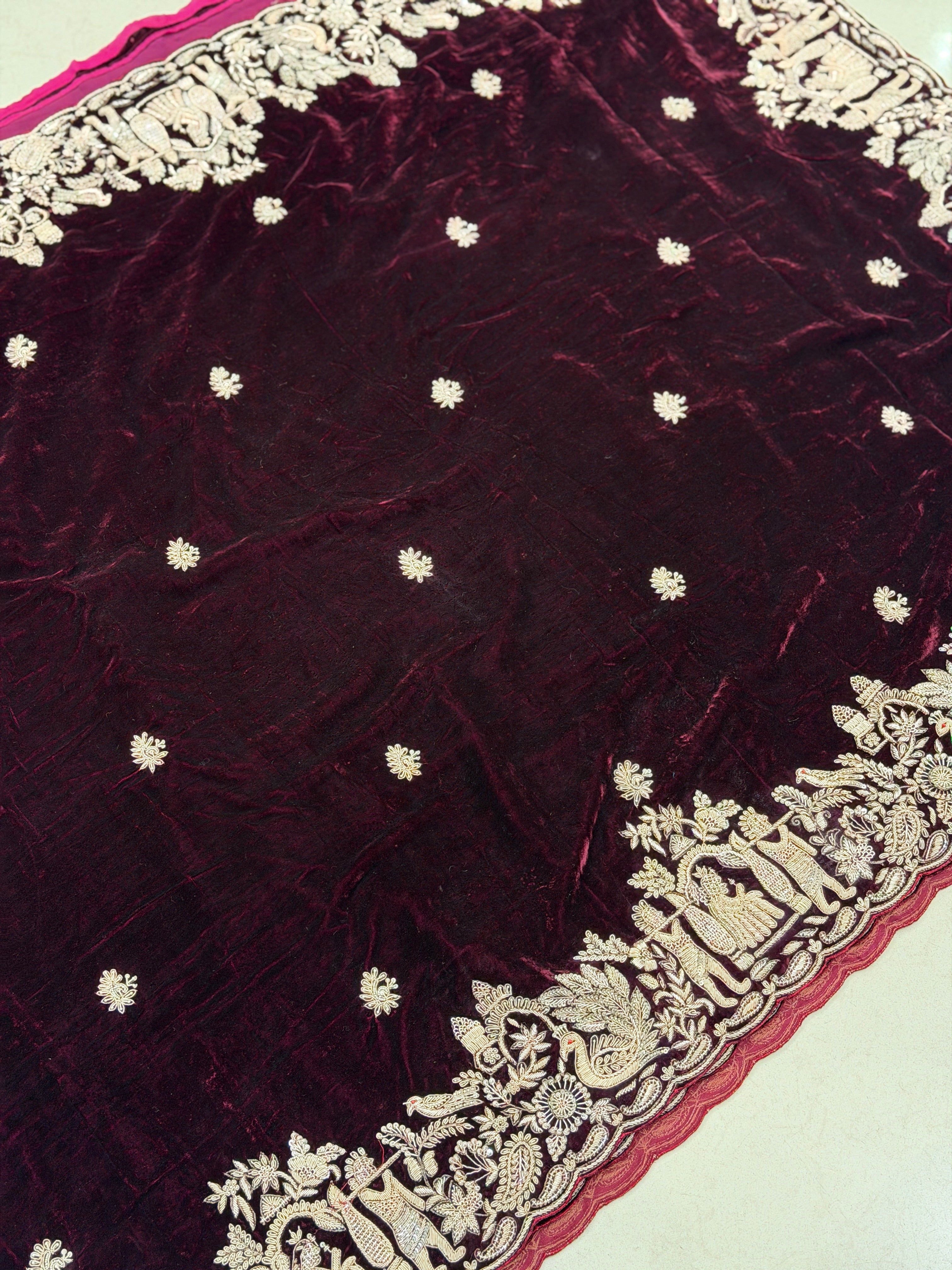 Pure Velvet Zardosi Doli Edit Hand Embroidery Saree