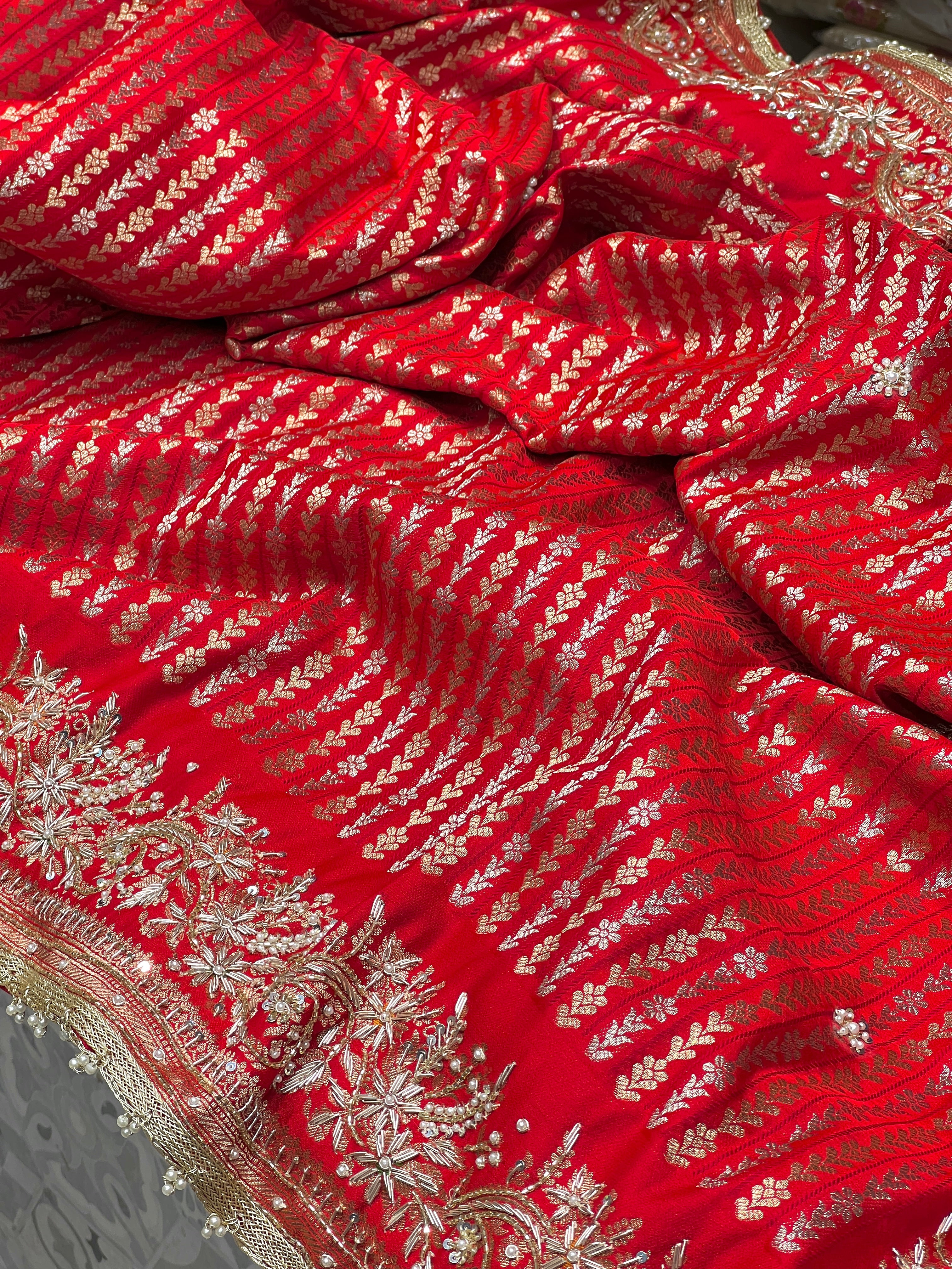 Red Banarasi Line Weave Hand Embroidery Saree