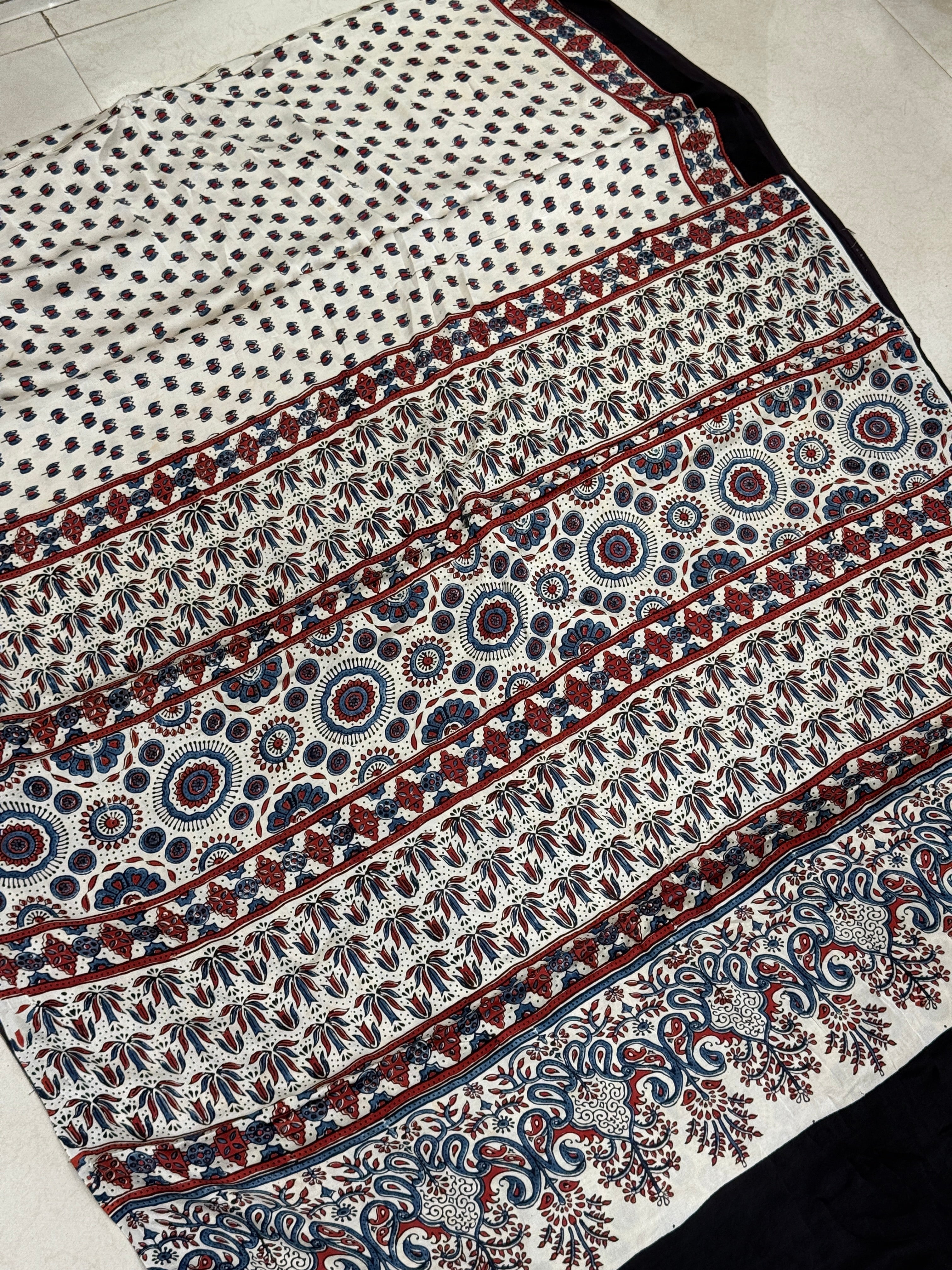 White Lotus Butts Ajrakh Modal Gajji Silk Saree
