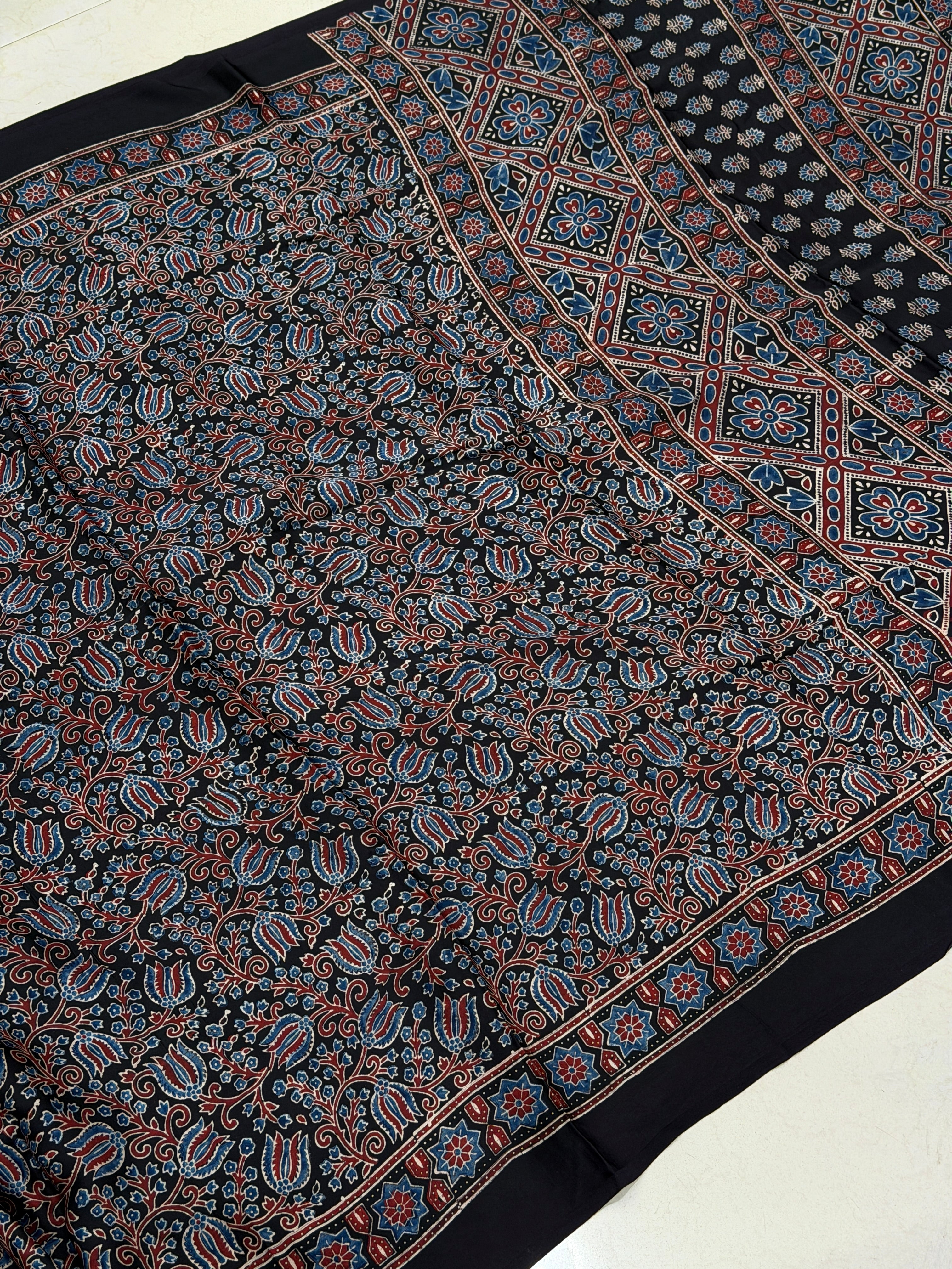 Black Floral Jaal Ajrakh Hand Block Print Pure Modal Silk Saree